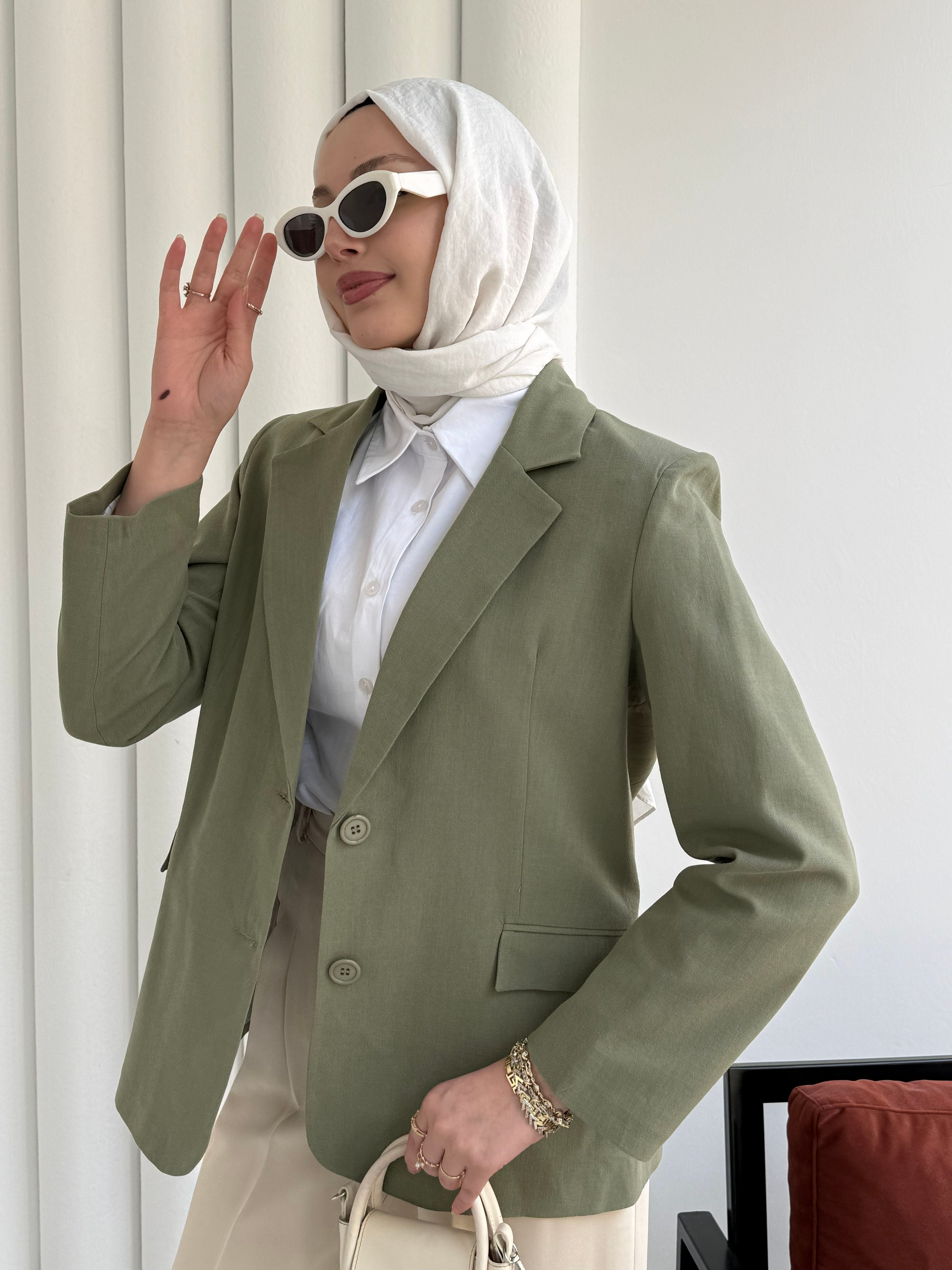 Oversize Dört Düğmeli Keten Blazer Ceket-MİNT YEŞİLİ