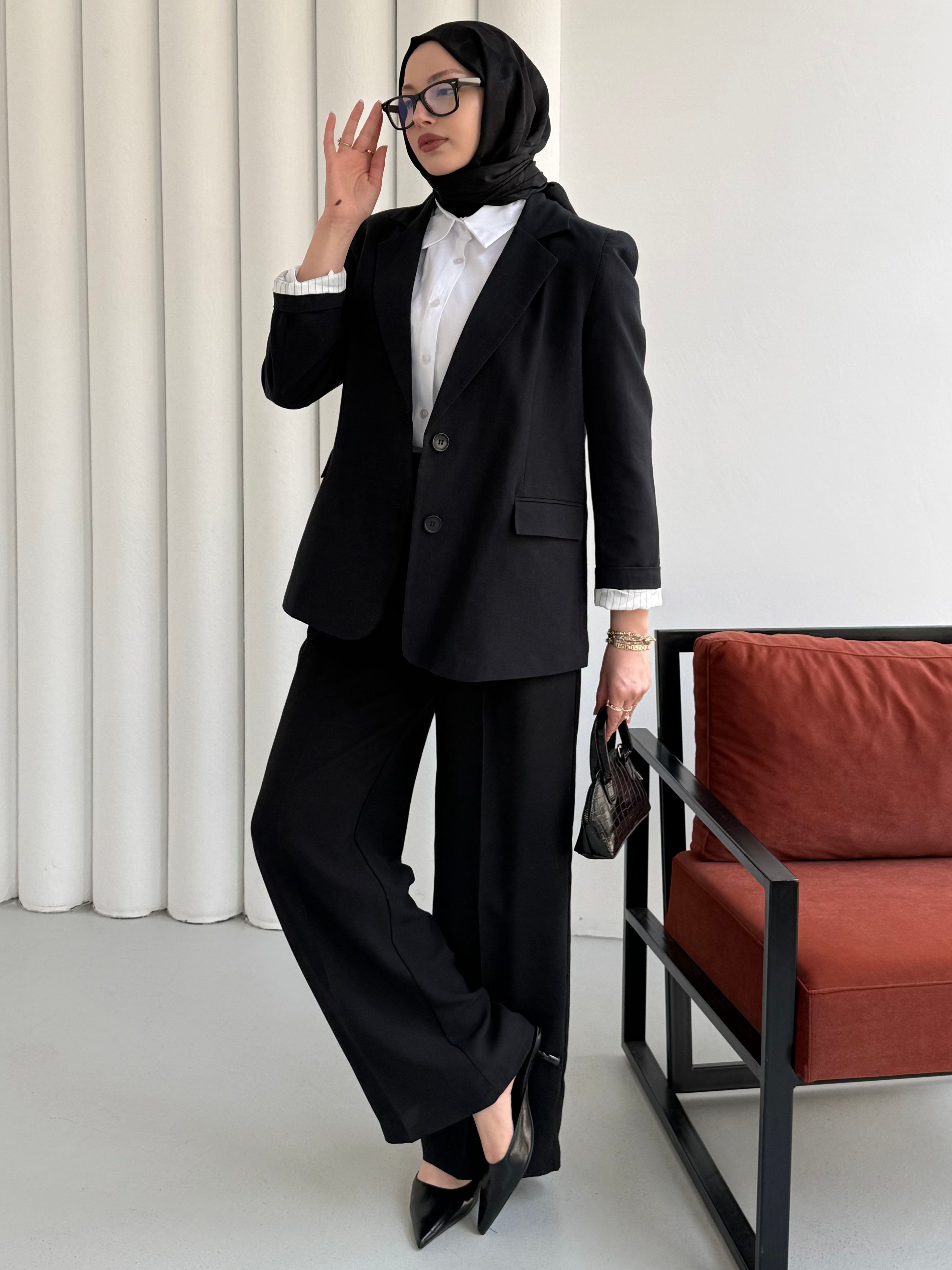 Oversize Dört Düğmeli Keten Blazer Ceket-SİYAH