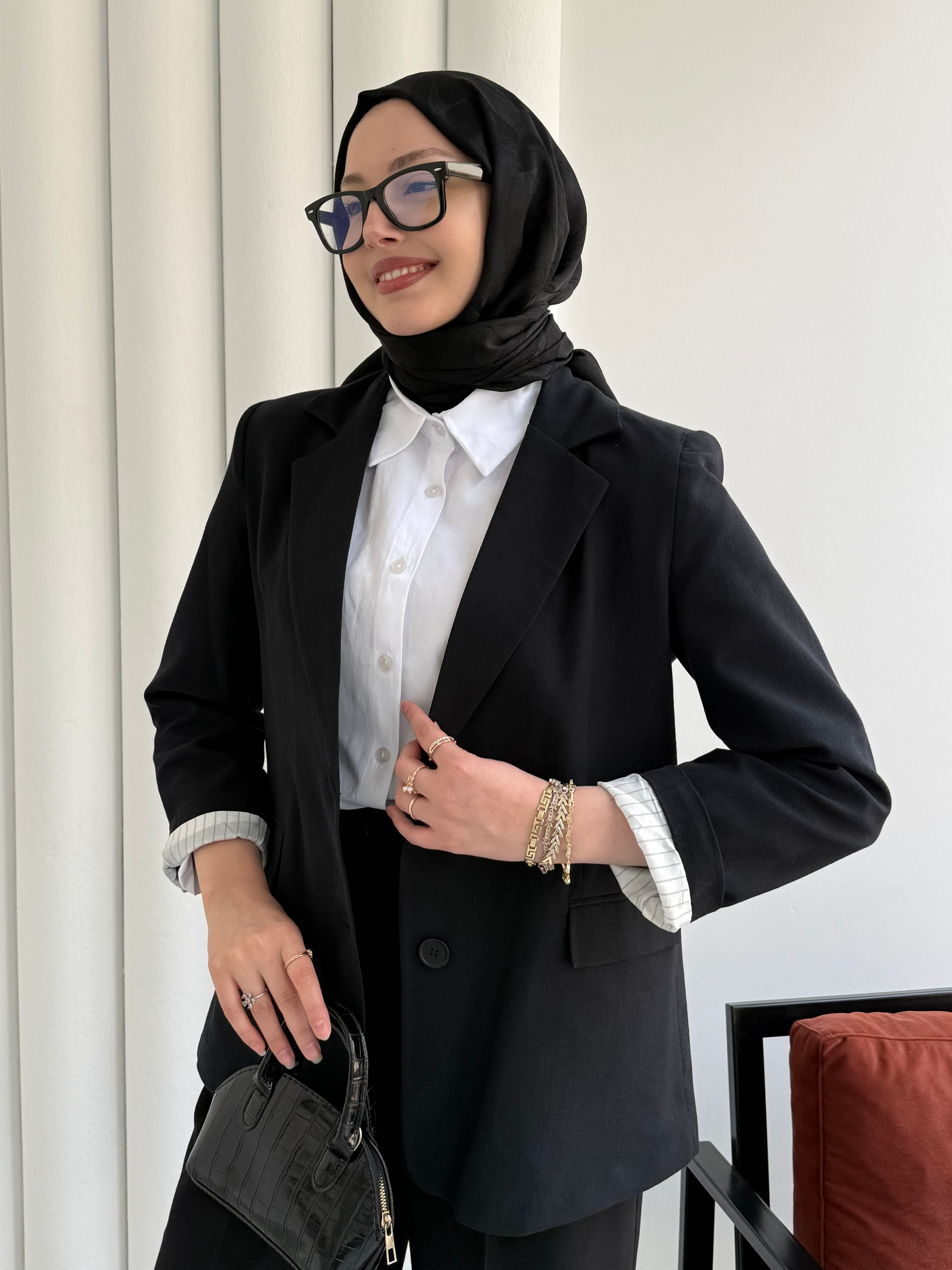 Oversize Dört Düğmeli Keten Blazer Ceket-SİYAH