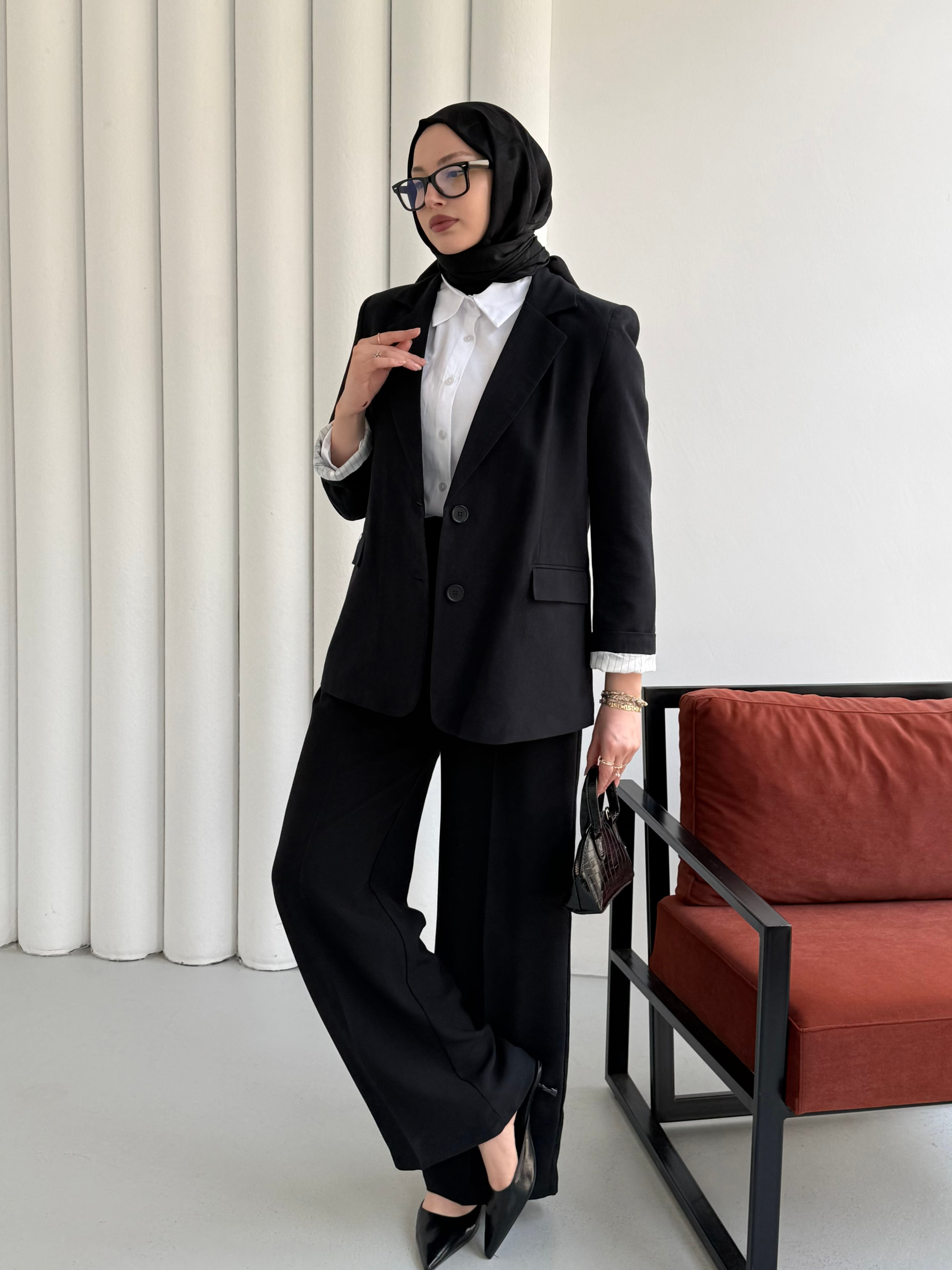 Oversize Dört Düğmeli Keten Blazer Ceket-SİYAH