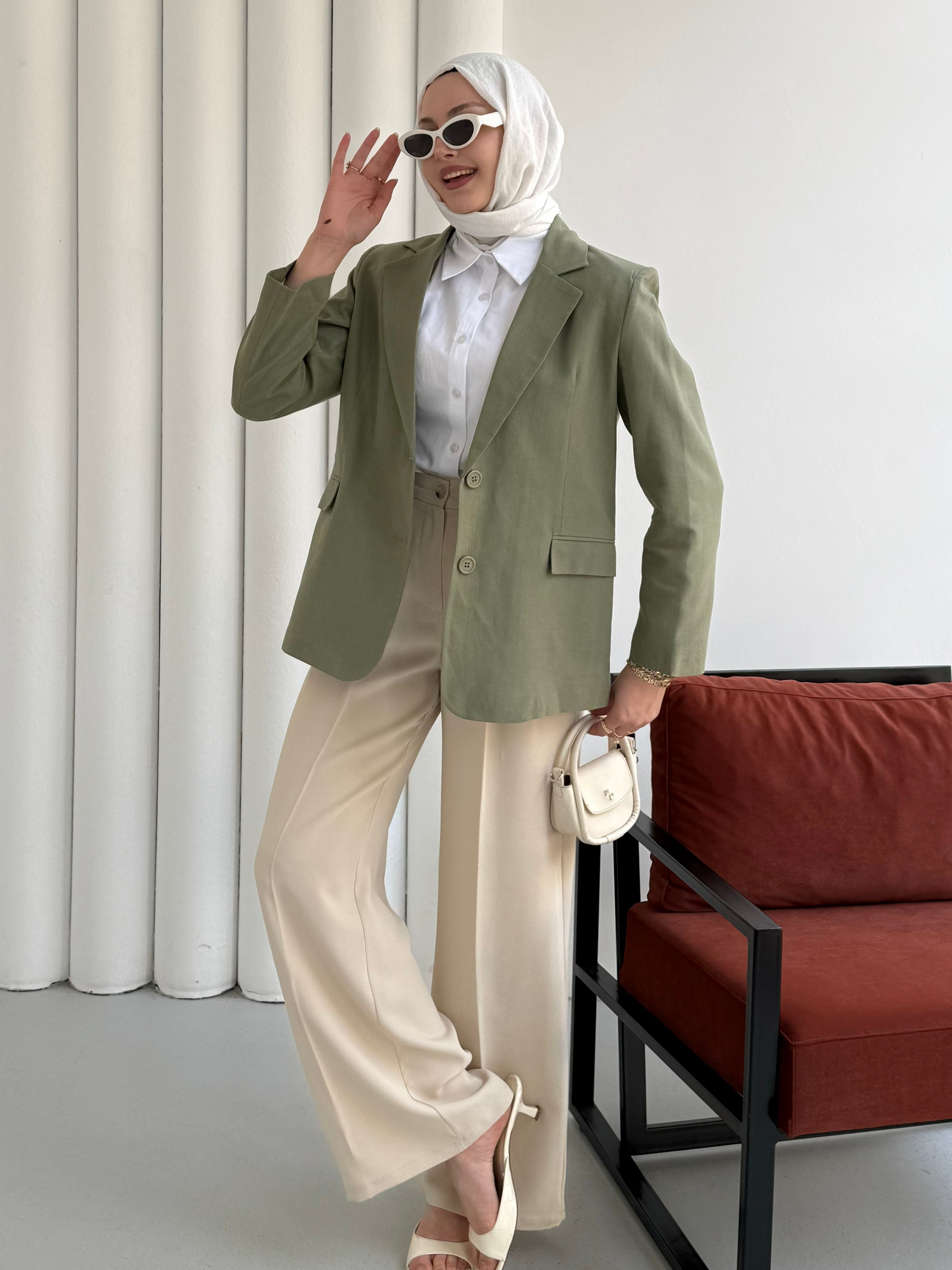 Oversize Dört Düğmeli Keten Blazer Ceket-MİNT YEŞİLİ