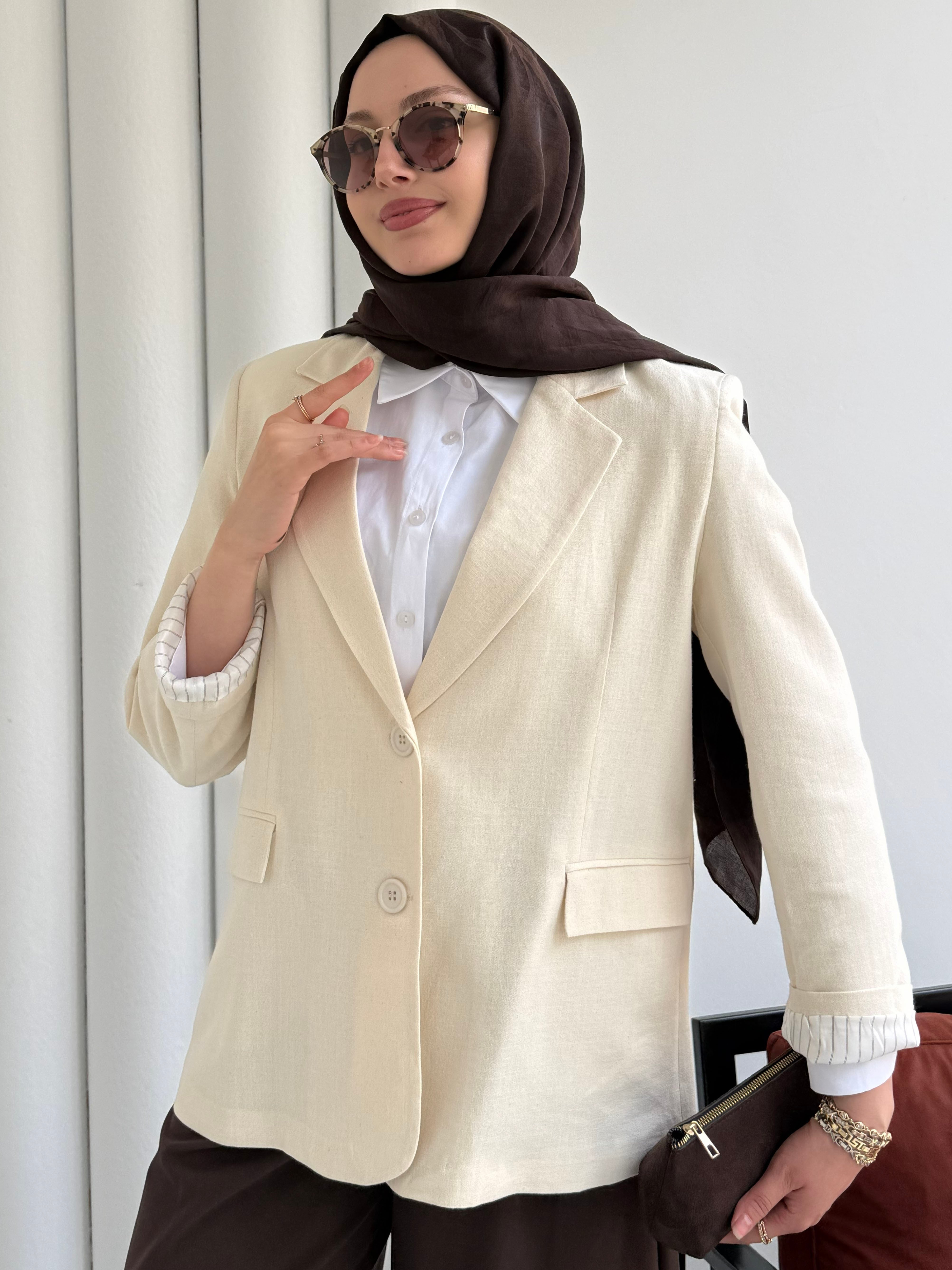 Oversize Dört Düğmeli Keten Blazer Ceket-EKRU