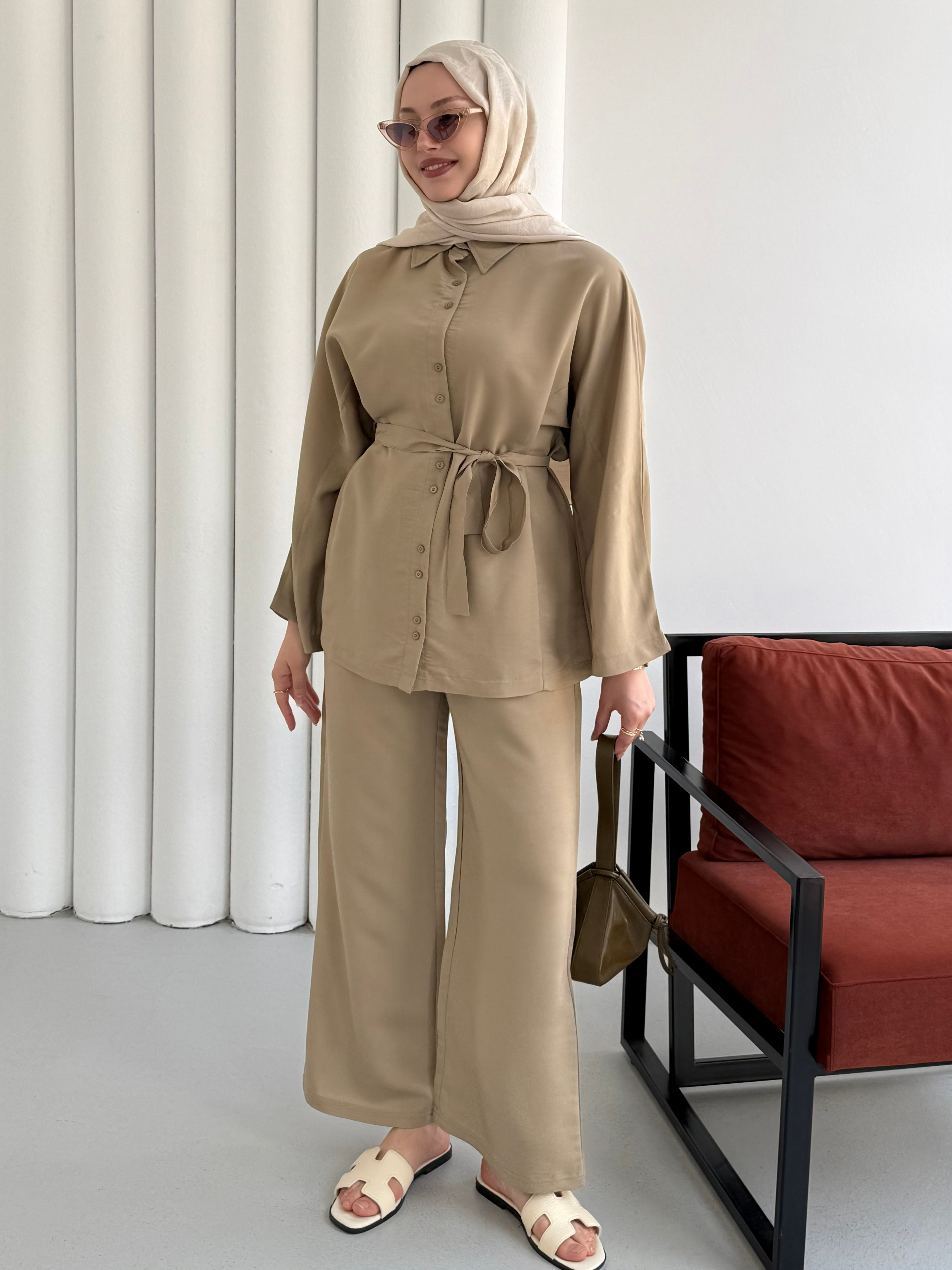Oversize Gömlek Pantolon Tesettür Takım-TAŞ