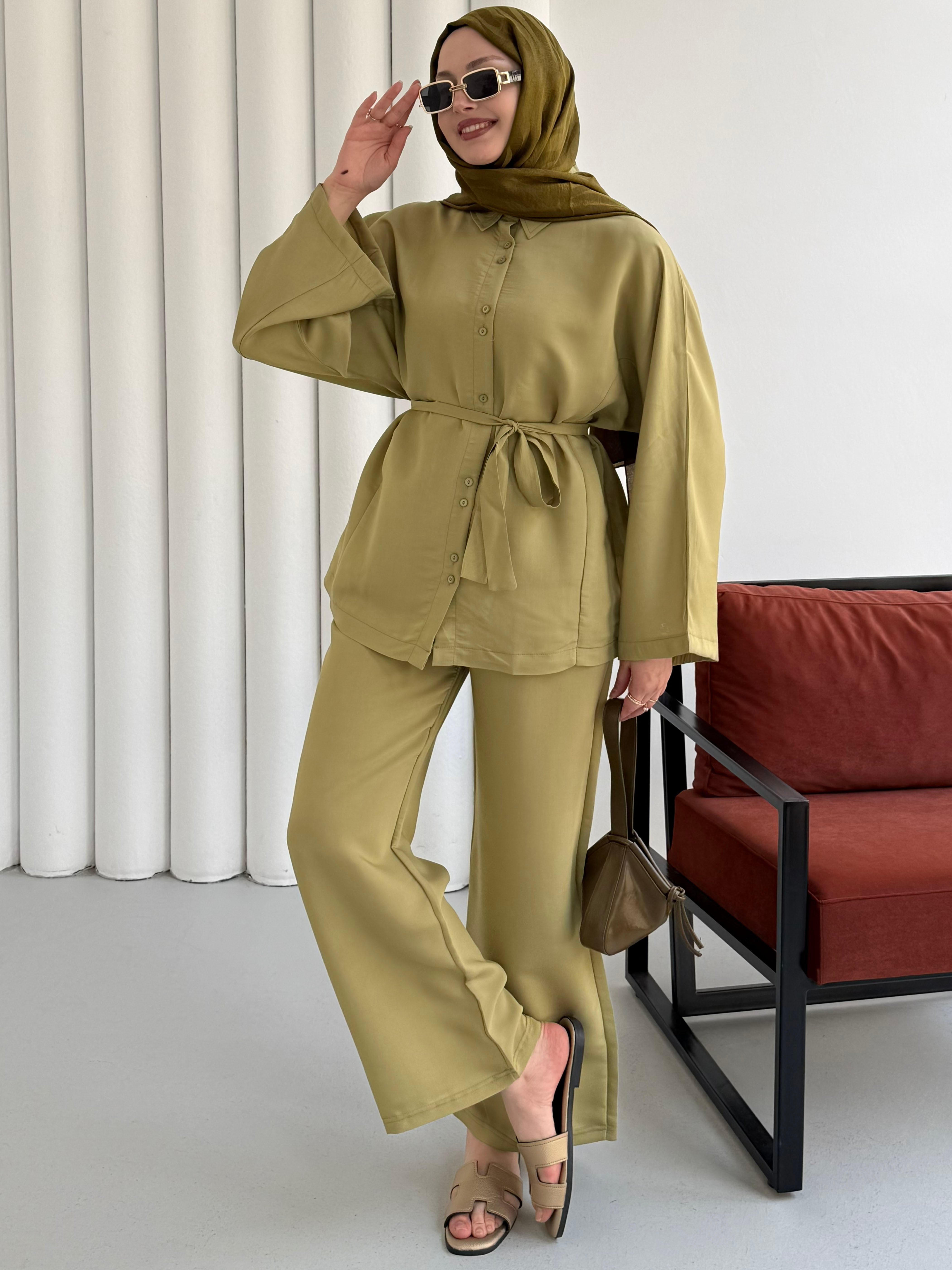 Oversize Gömlek Pantolon Tesettür Takım-YAĞ YEŞİLİ