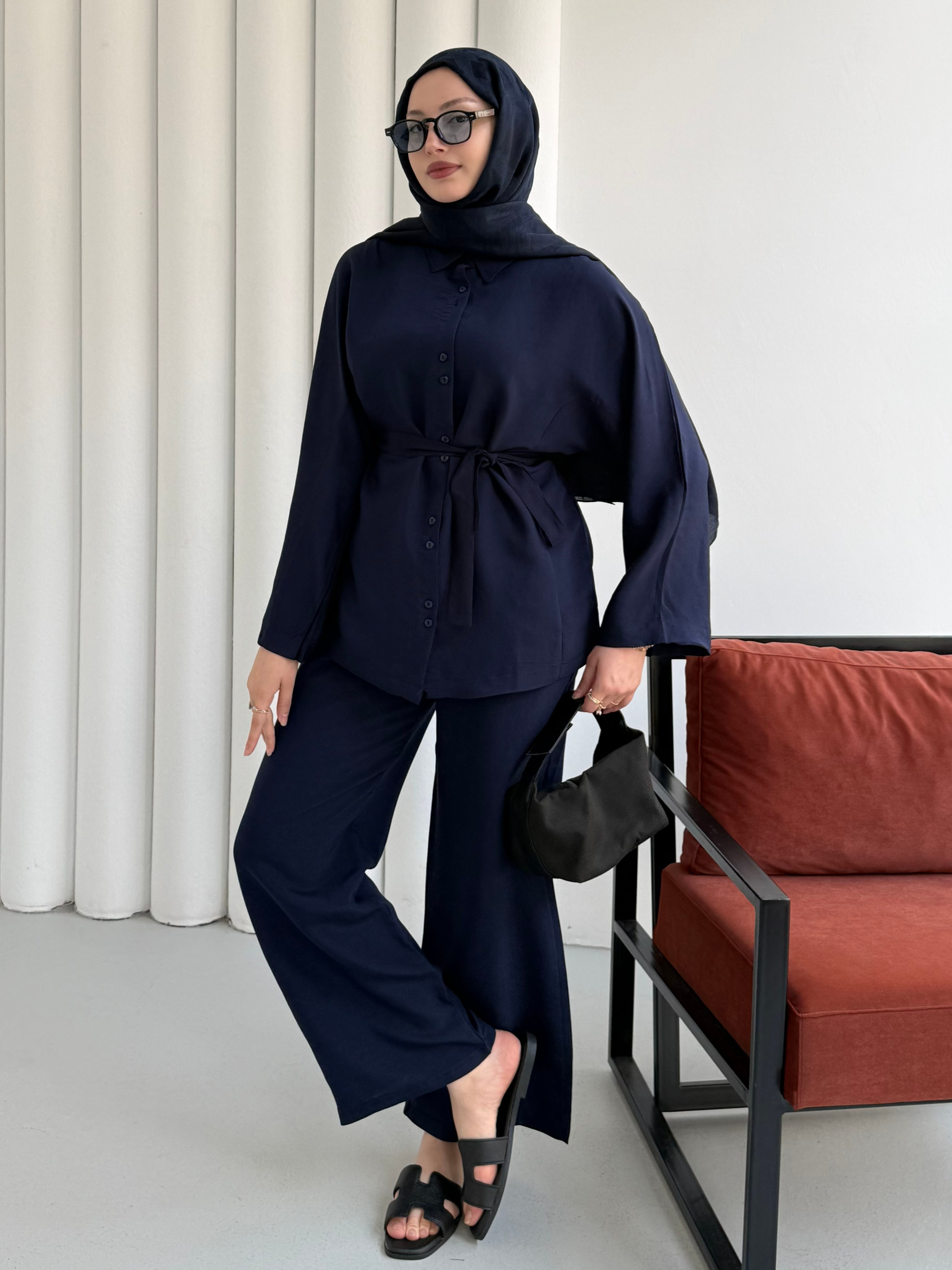 Oversize Gömlek Pantolon Tesettür Takım-LACİVERT