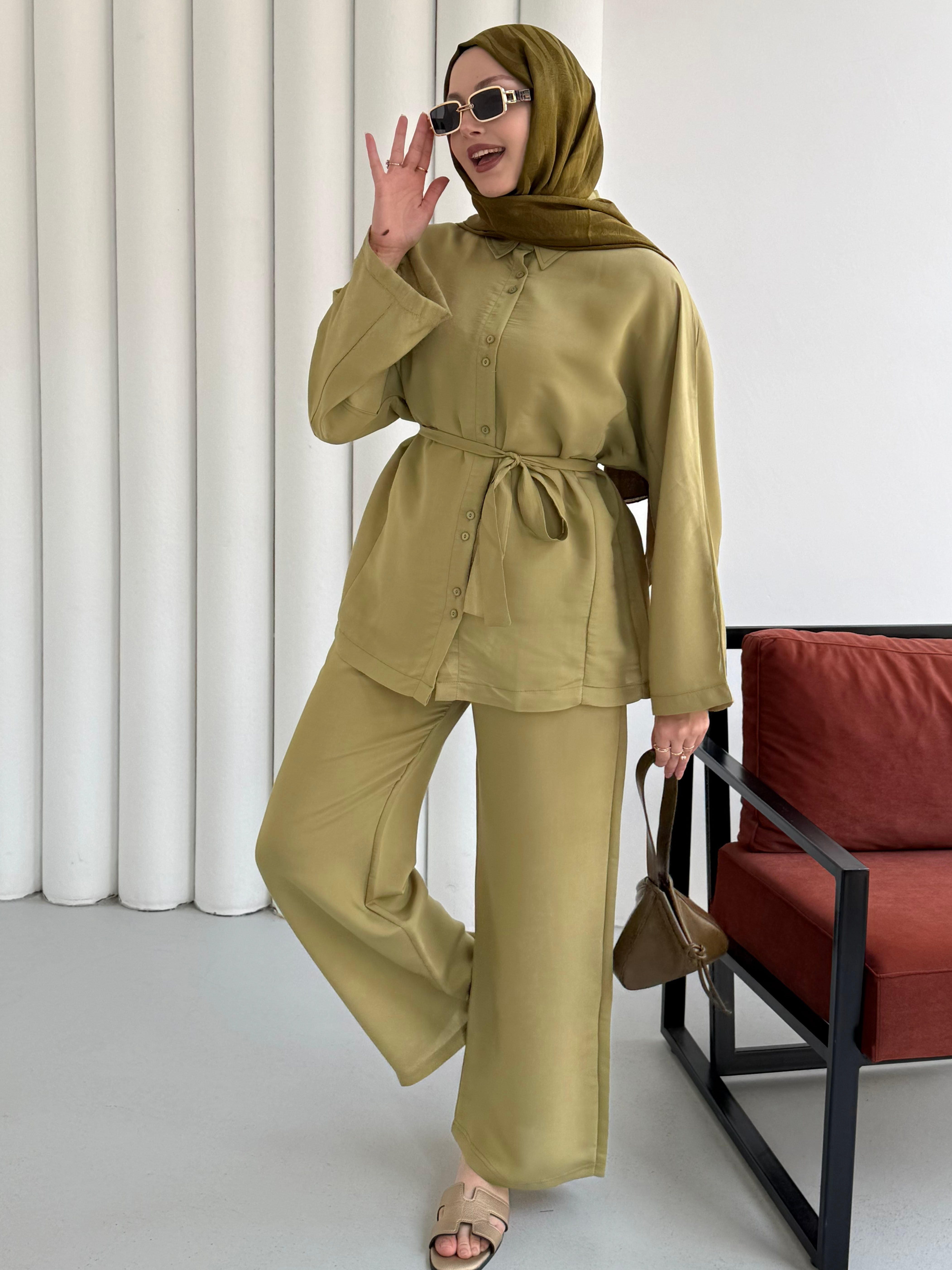 Oversize Gömlek Pantolon Tesettür Takım-YAĞ YEŞİLİ