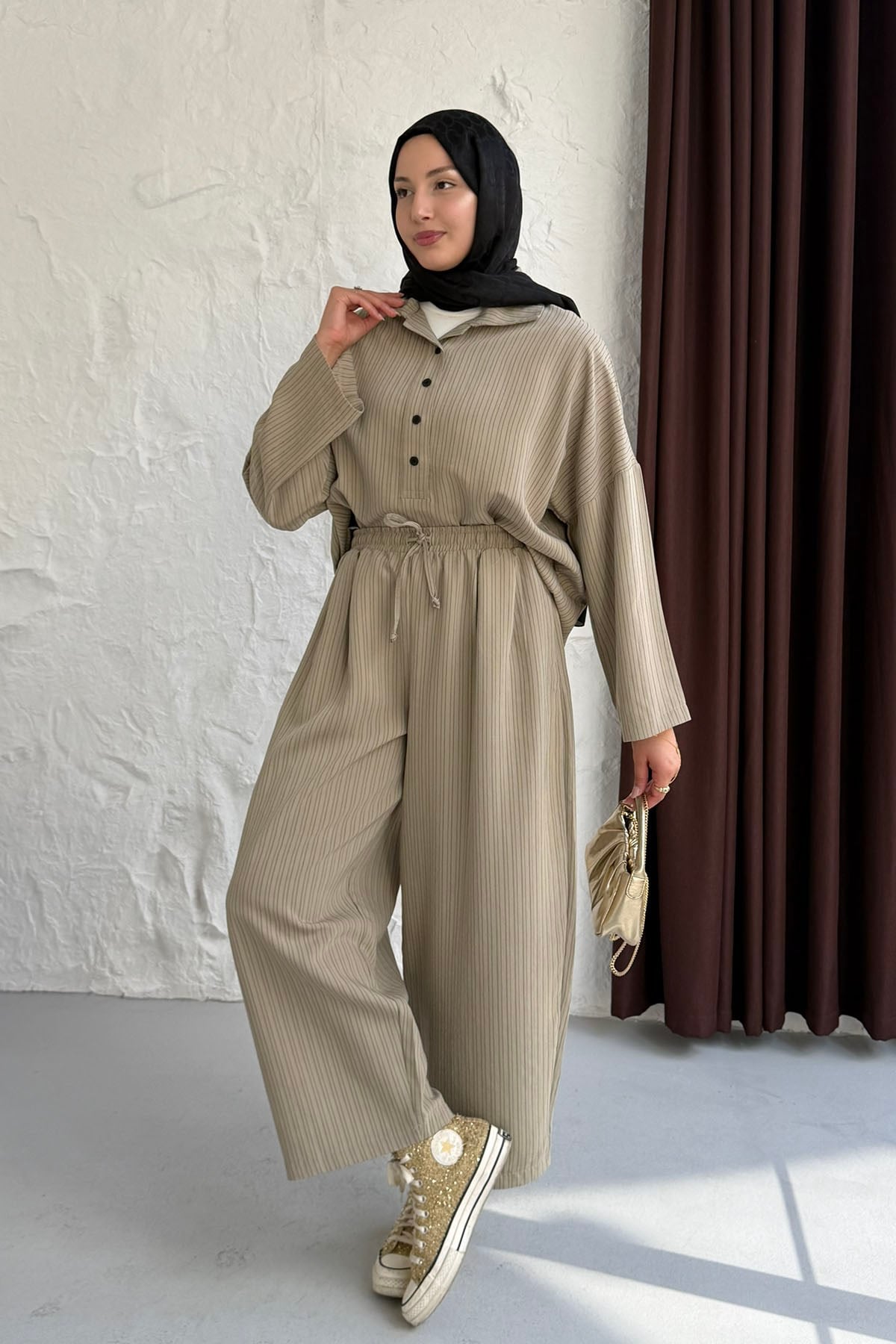 Oversize Gömlekli Pantolonlu Tesettür Takım-VİZON