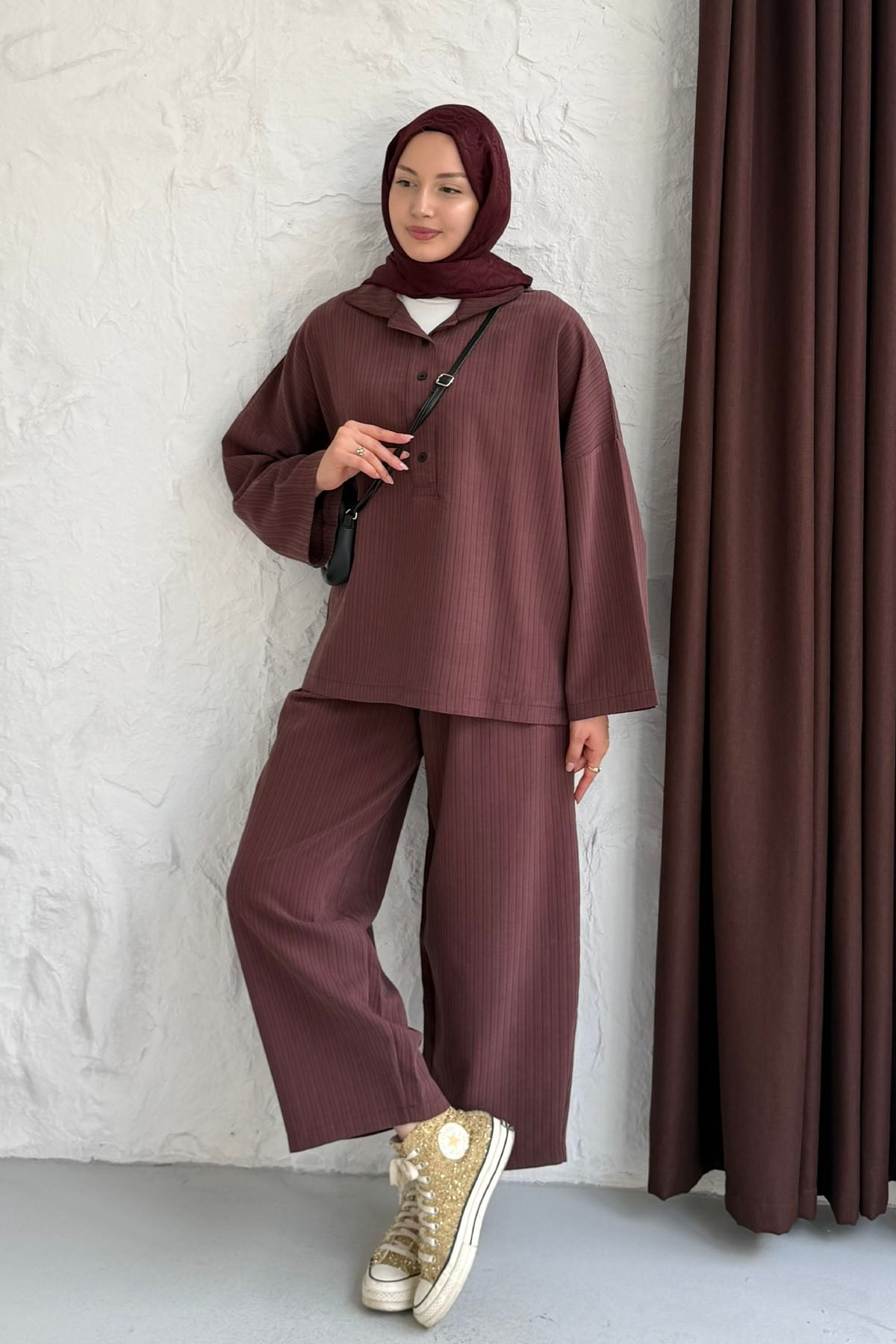 Oversize Gömlekli Pantolonlu Tesettür Takım-MÜRDÜM