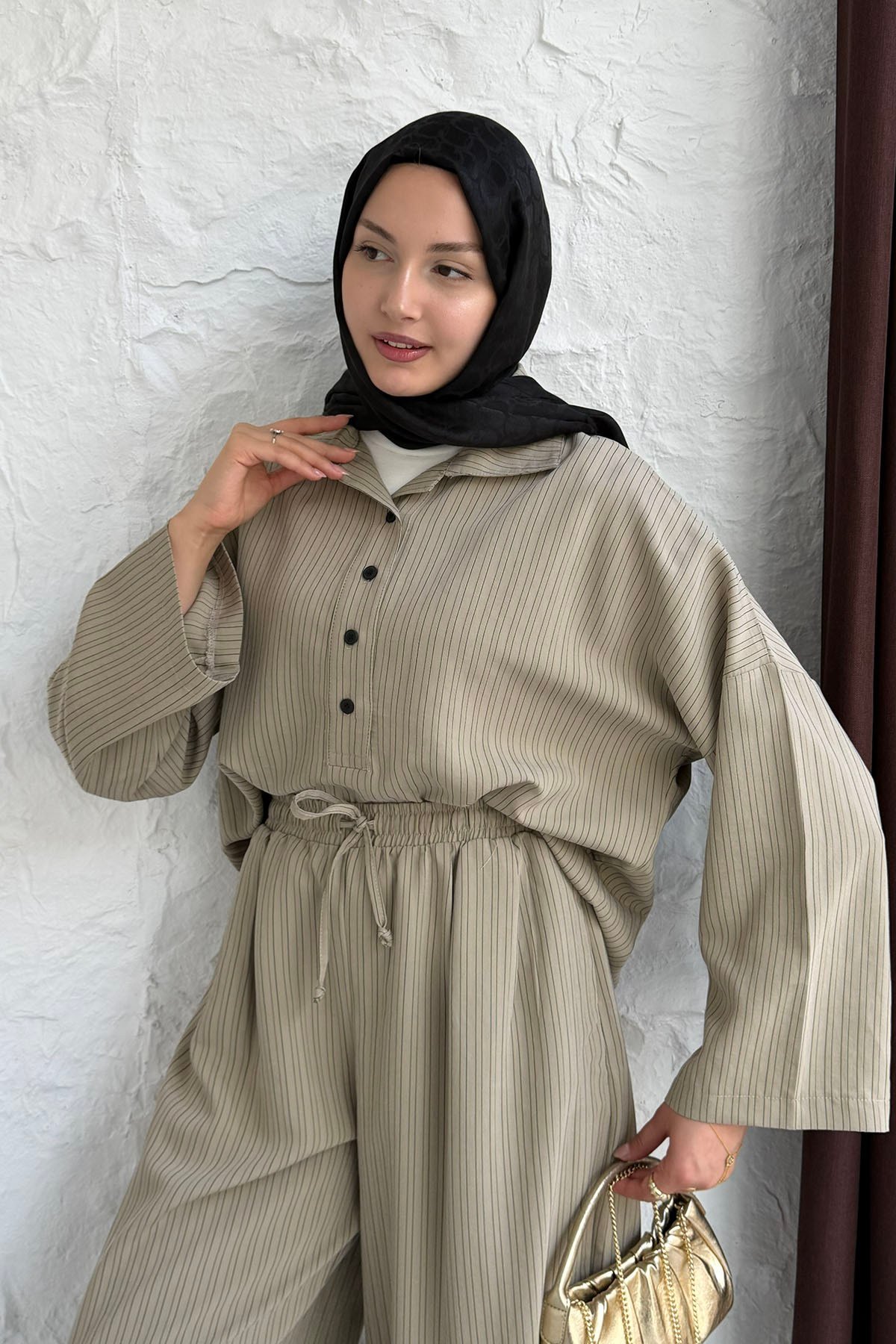 Oversize Gömlekli Pantolonlu Tesettür Takım-VİZON