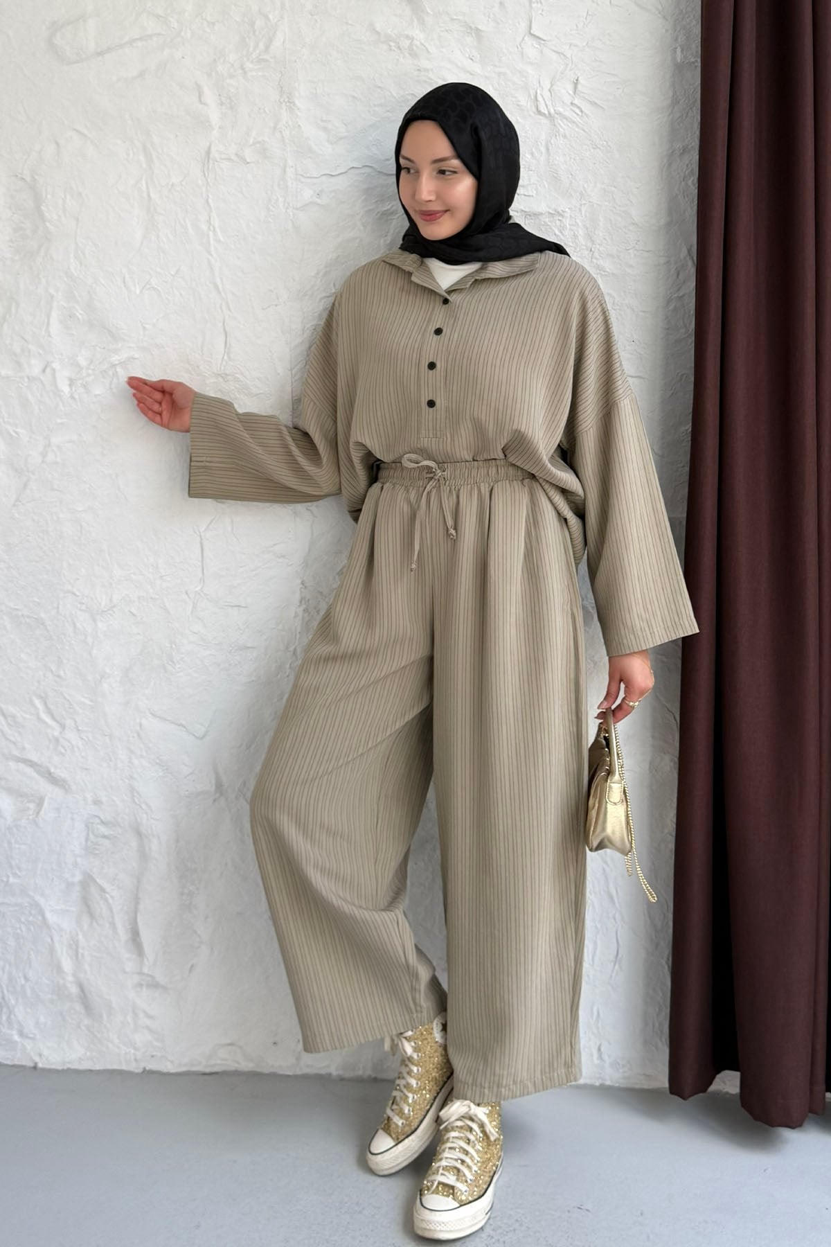 Oversize Gömlekli Pantolonlu Tesettür Takım-VİZON
