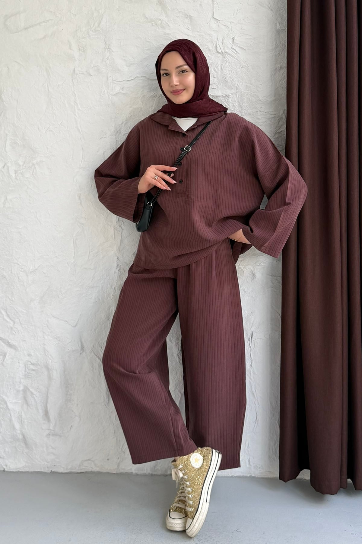 Oversize Gömlekli Pantolonlu Tesettür Takım-MÜRDÜM