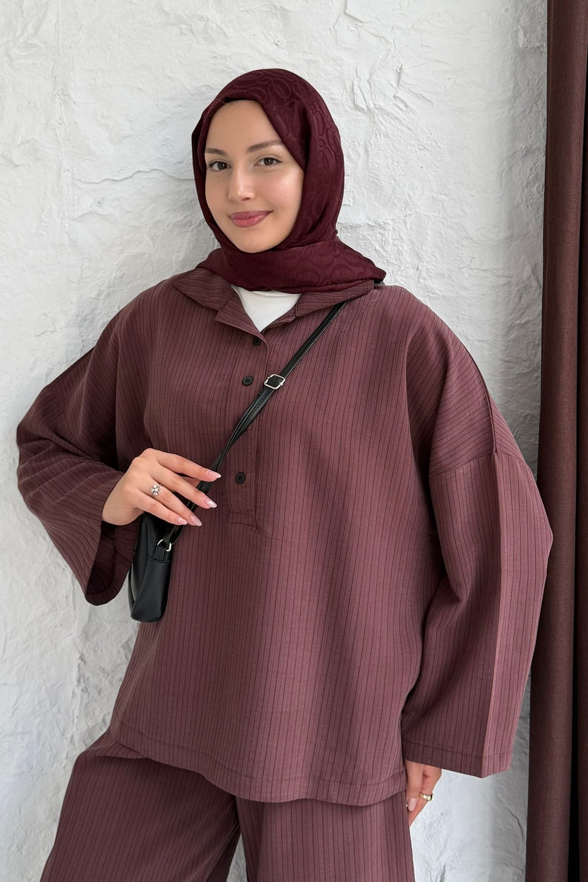 Oversize Gömlekli Pantolonlu Tesettür Takım-MÜRDÜM