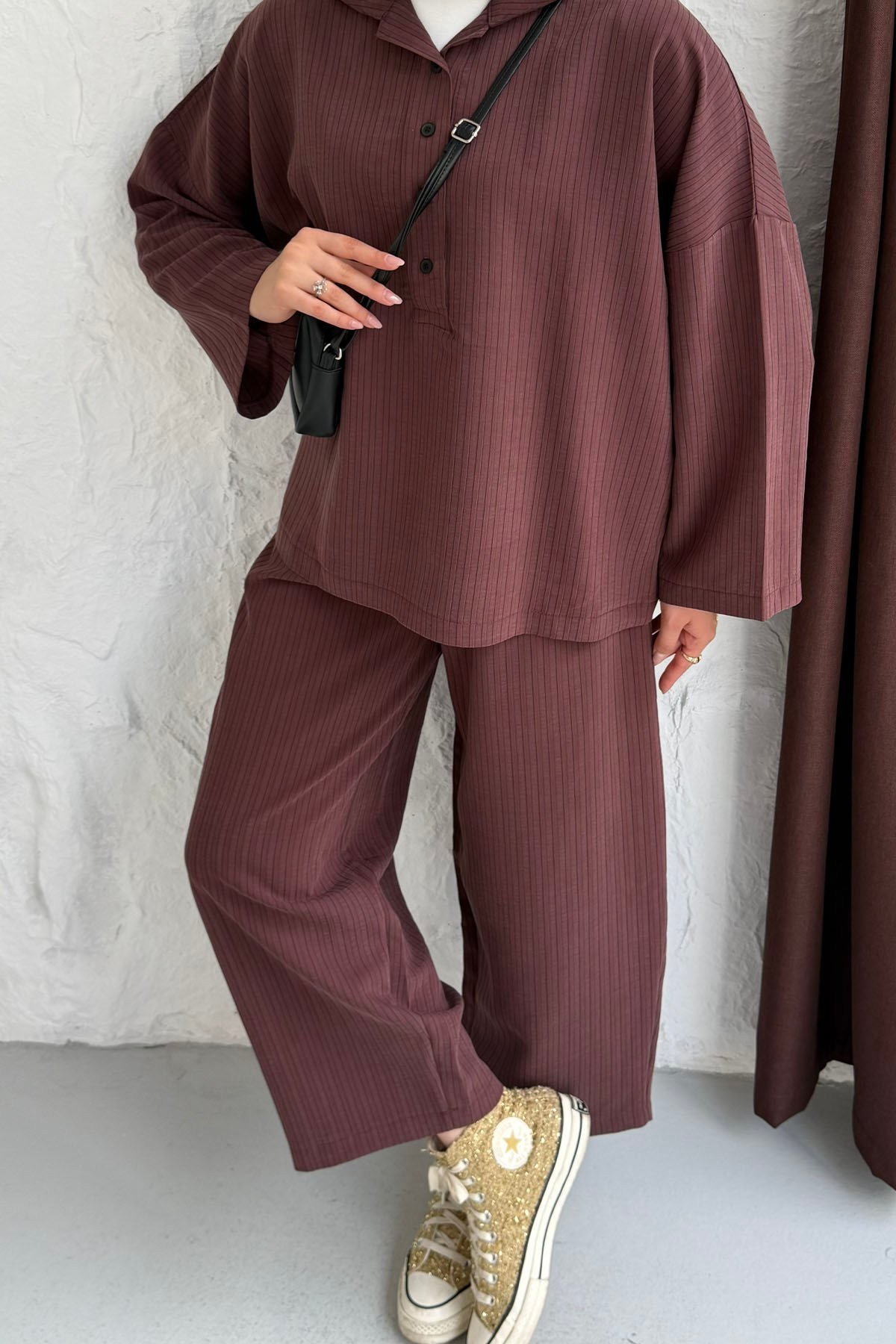 Oversize Gömlekli Pantolonlu Tesettür Takım-MÜRDÜM