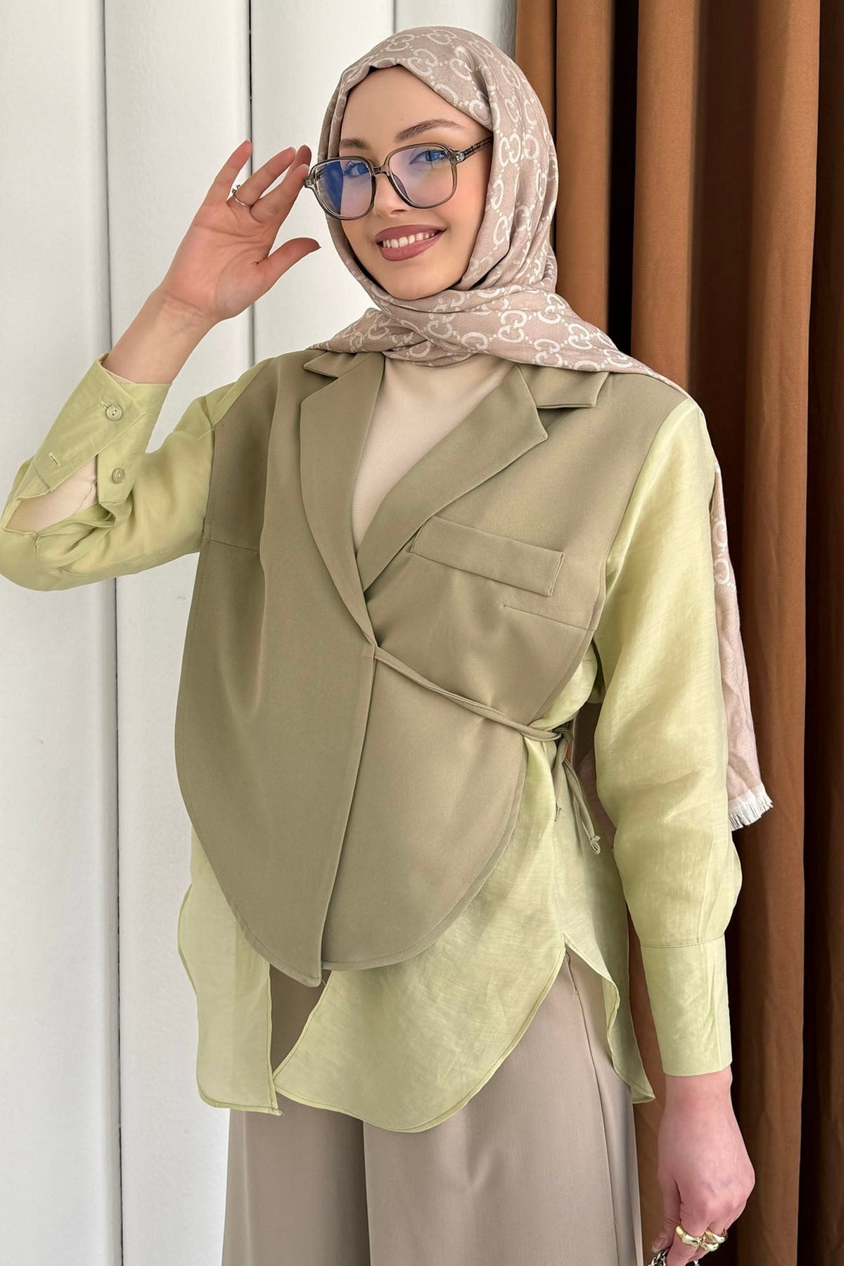 Oversize Şifon & Tül Detaylı Pamuklu Ceket-MİNT YEŞİLİ