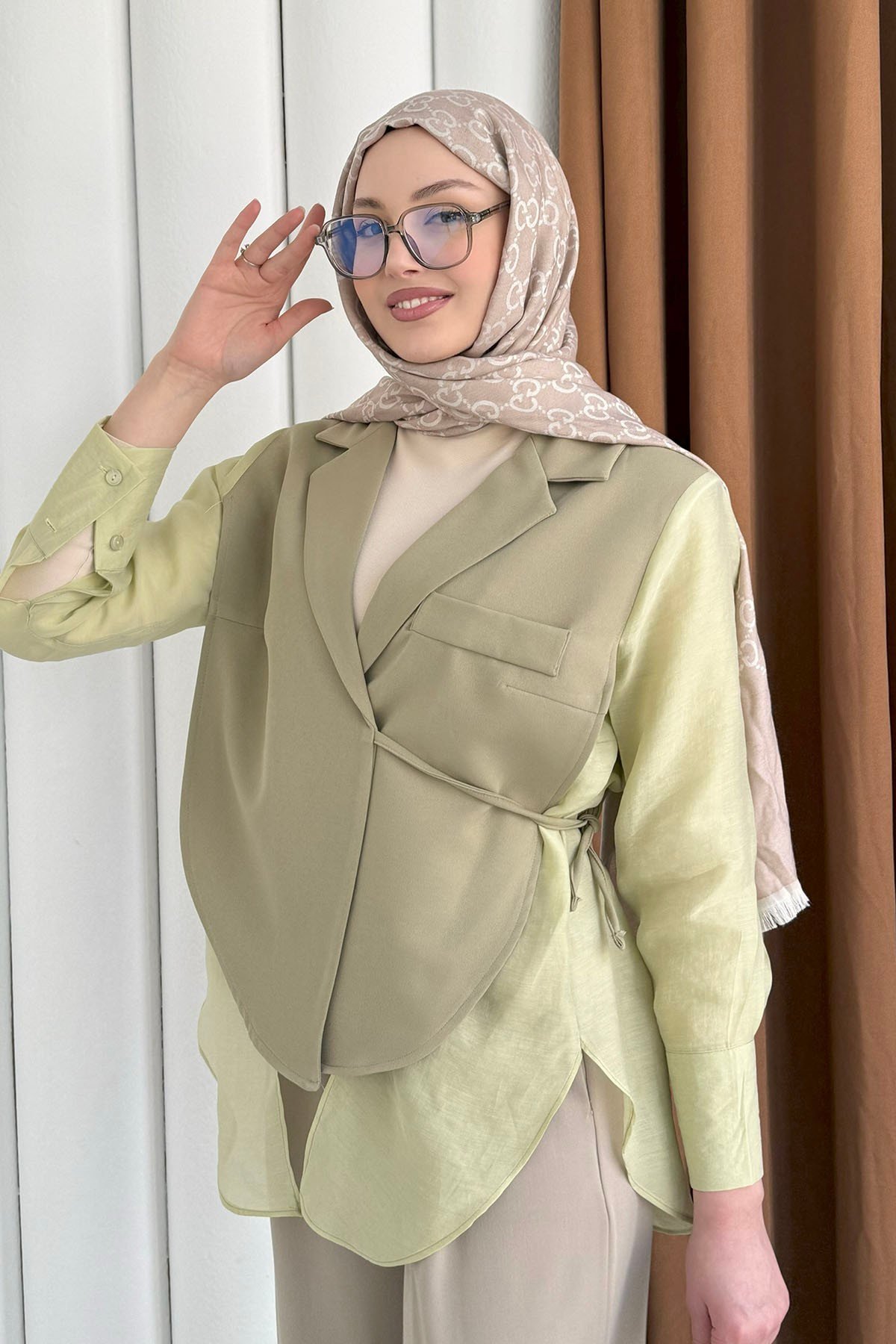 Oversize Şifon & Tül Detaylı Pamuklu Ceket-MİNT YEŞİLİ