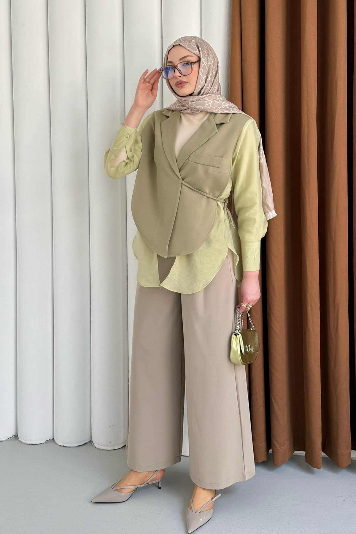 Oversize Şifon & Tül Detaylı Pamuklu Ceket-MİNT YEŞİLİ
