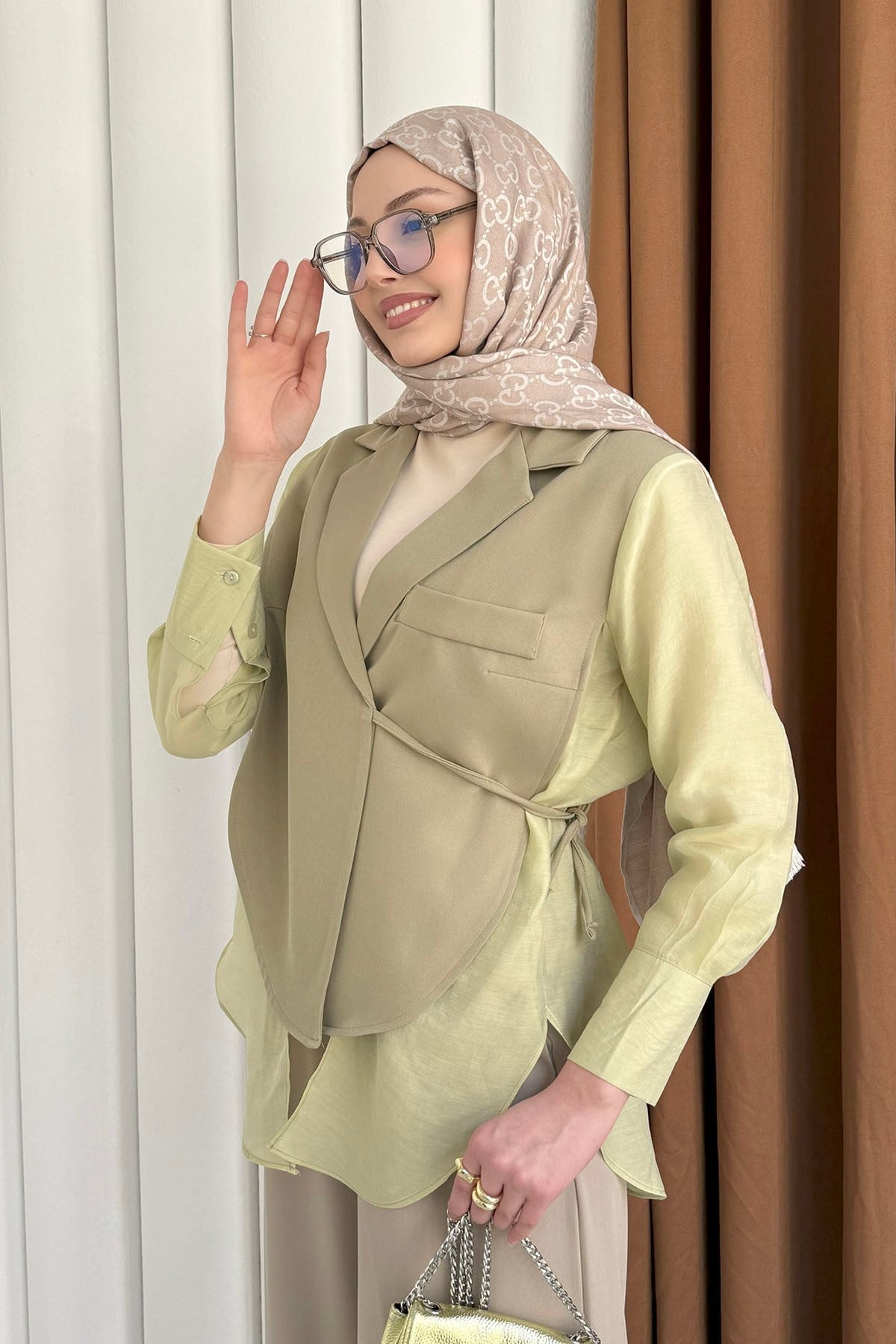 Oversize Şifon & Tül Detaylı Pamuklu Ceket-MİNT YEŞİLİ