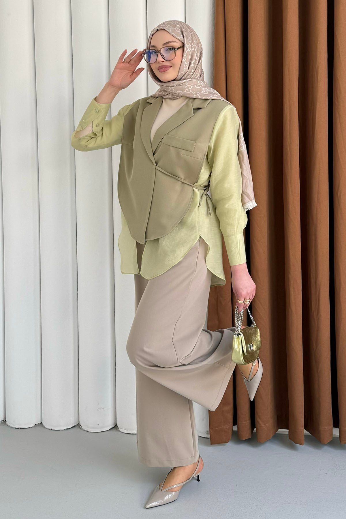 Oversize Şifon & Tül Detaylı Pamuklu Ceket-MİNT YEŞİLİ
