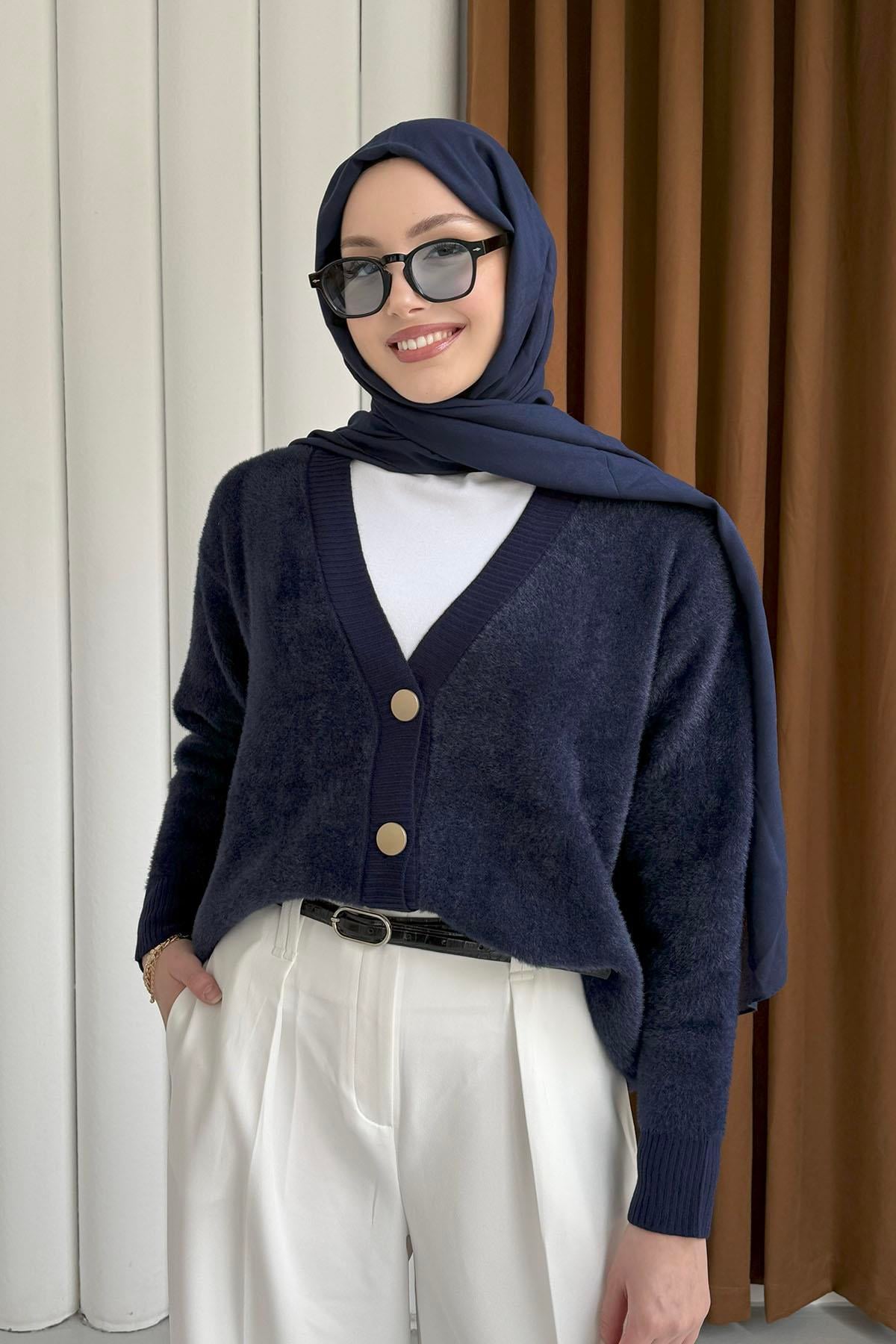 Oversize V Yaka Yumoş Hırka-LACİVERT