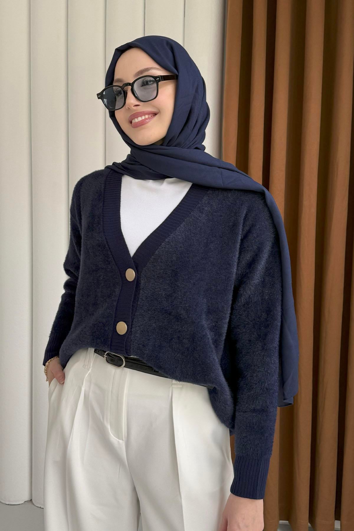 Oversize V Yaka Yumoş Hırka-LACİVERT