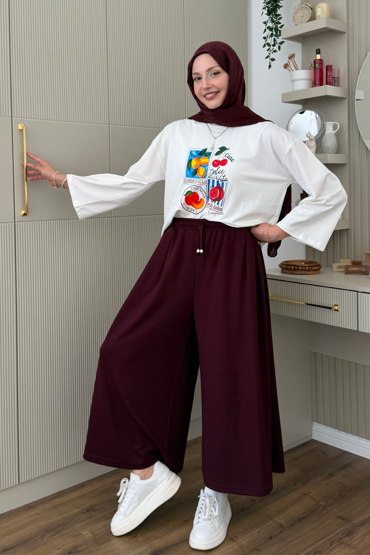 Oysho Beli İpli Lastikli Bol Paça Etek Pantolon-BORDO