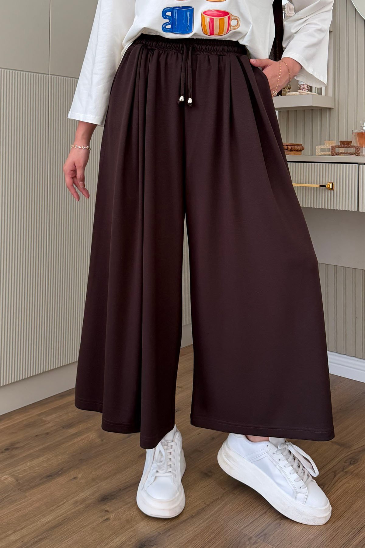 Oysho Beli İpli Lastikli Bol Paça Etek Pantolon-KAHVERENGİ