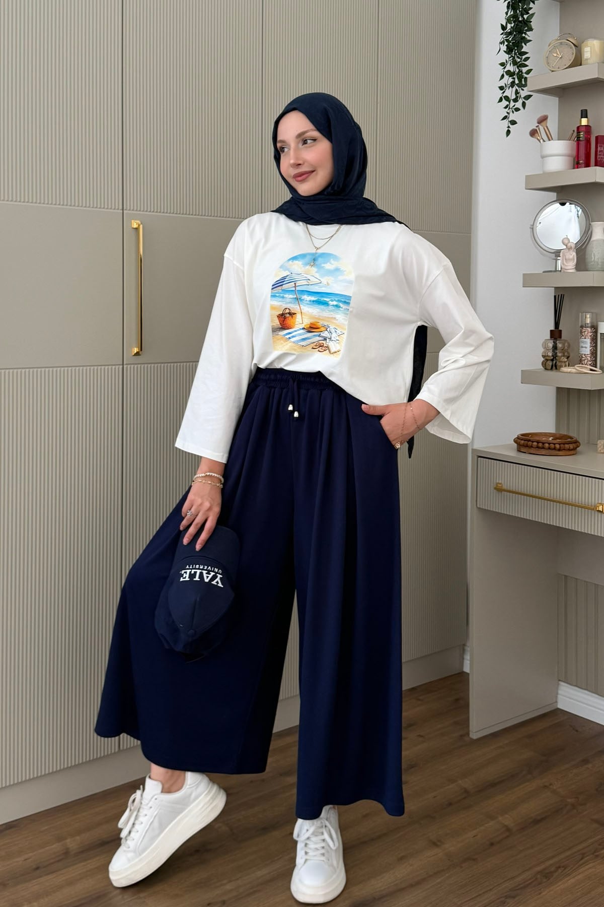 Oysho Beli İpli Lastikli Bol Paça Etek Pantolon-LACİVERT