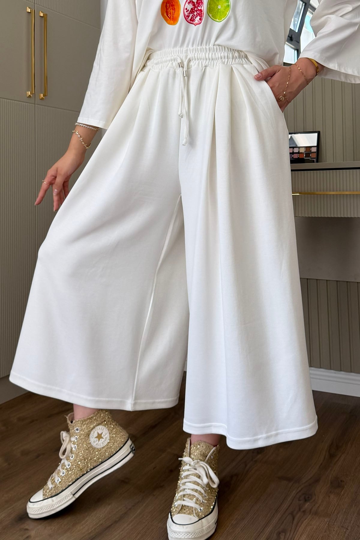 Oysho Beli İpli Lastikli Bol Paça Etek Pantolon-BEYAZ