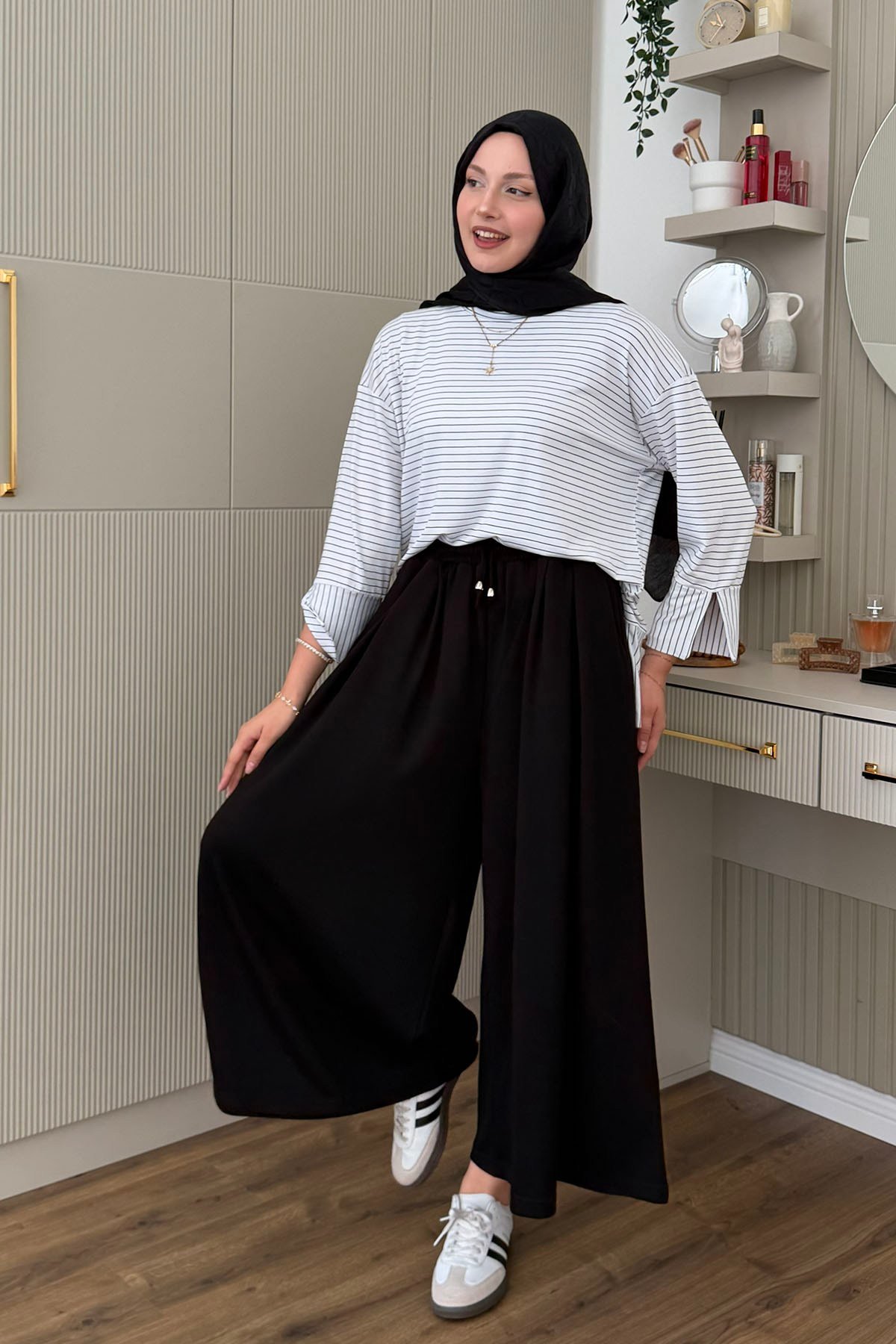 Oysho Beli İpli Lastikli Bol Paça Etek Pantolon-SİYAH