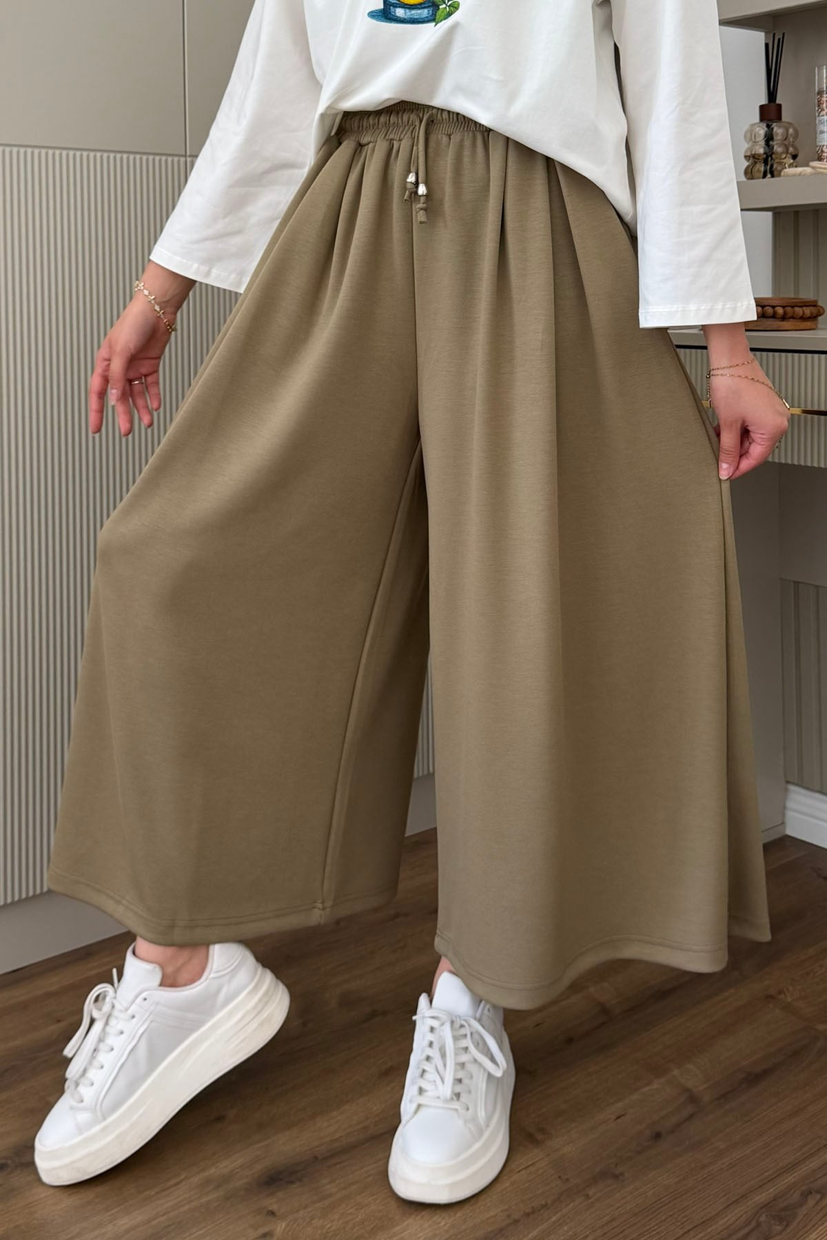 Oysho Beli İpli Lastikli Bol Paça Etek Pantolon-HAKİ YEŞİL