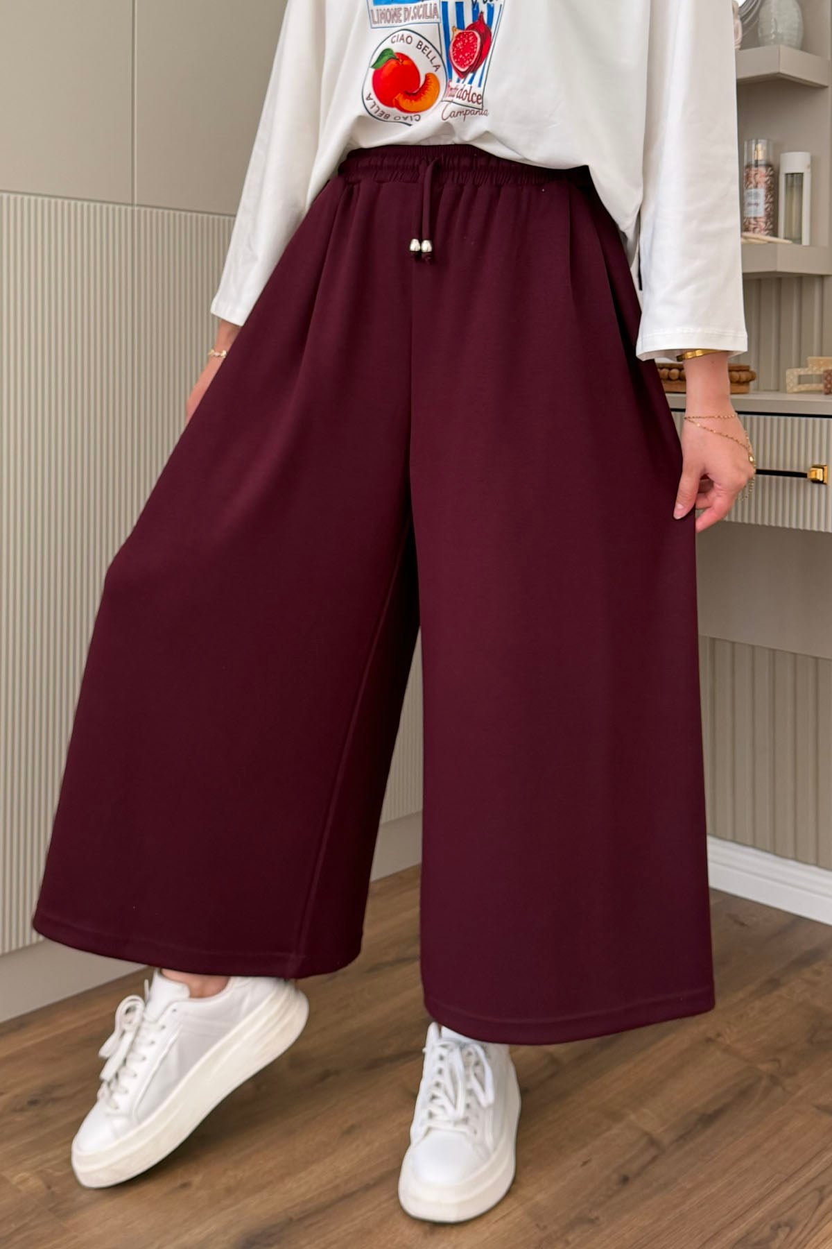 Oysho Beli İpli Lastikli Bol Paça Etek Pantolon-BORDO