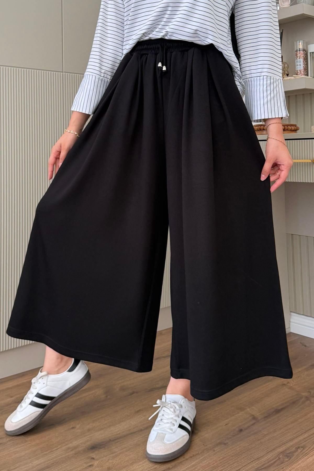 Oysho Beli İpli Lastikli Bol Paça Etek Pantolon-SİYAH
