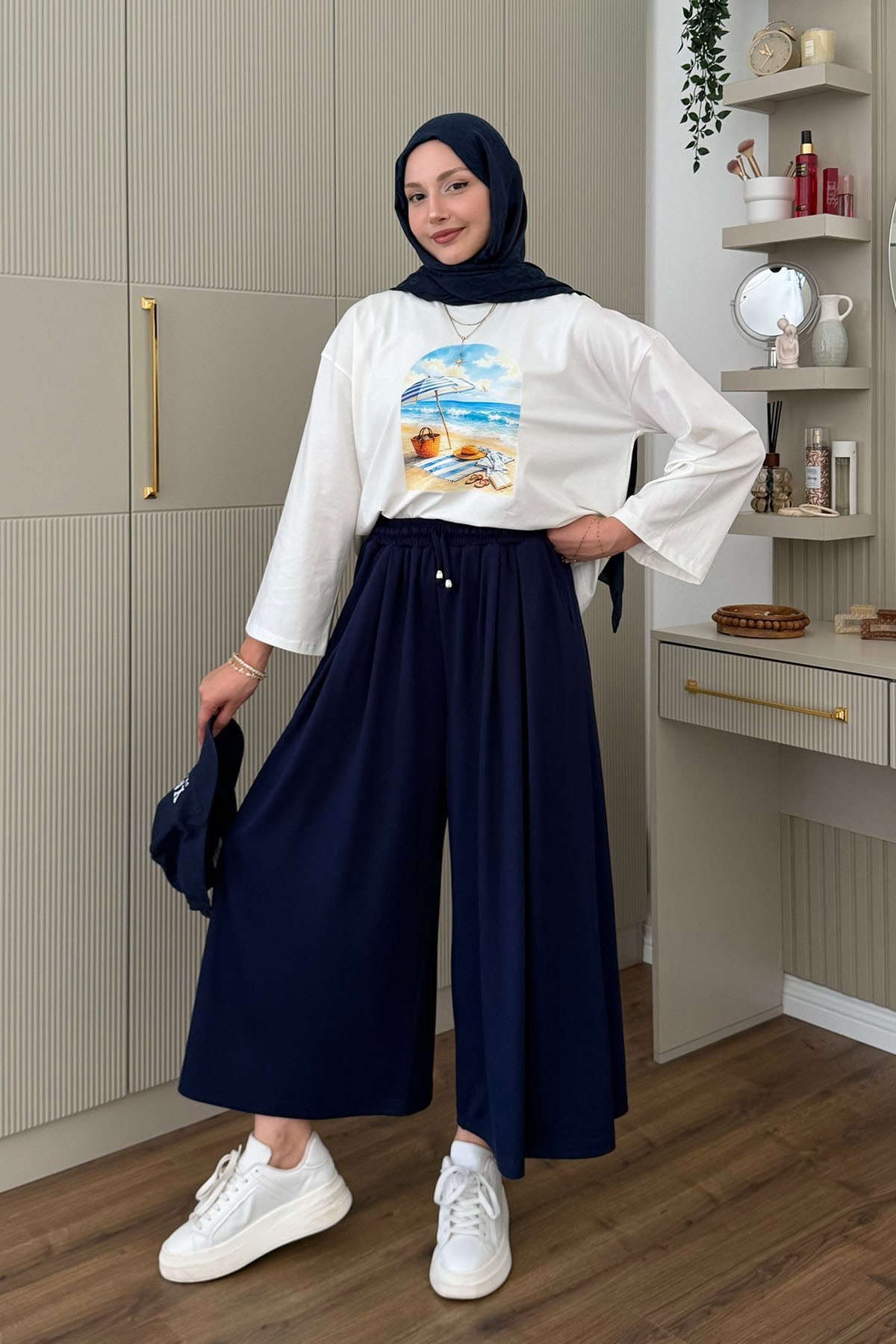 Oysho Beli İpli Lastikli Bol Paça Etek Pantolon-LACİVERT