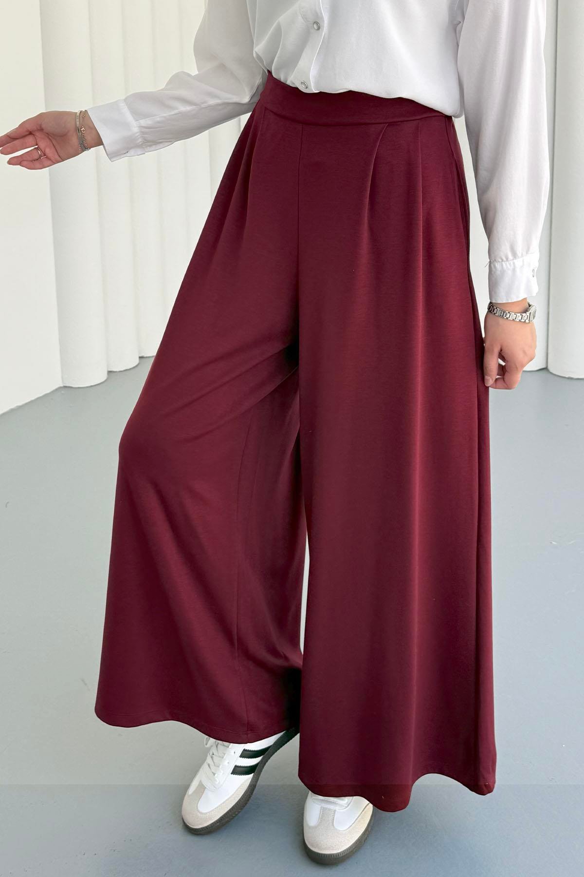 Oysho Kumaş Bel Lastikli Cepli Bol Paça Pantolon-BORDO