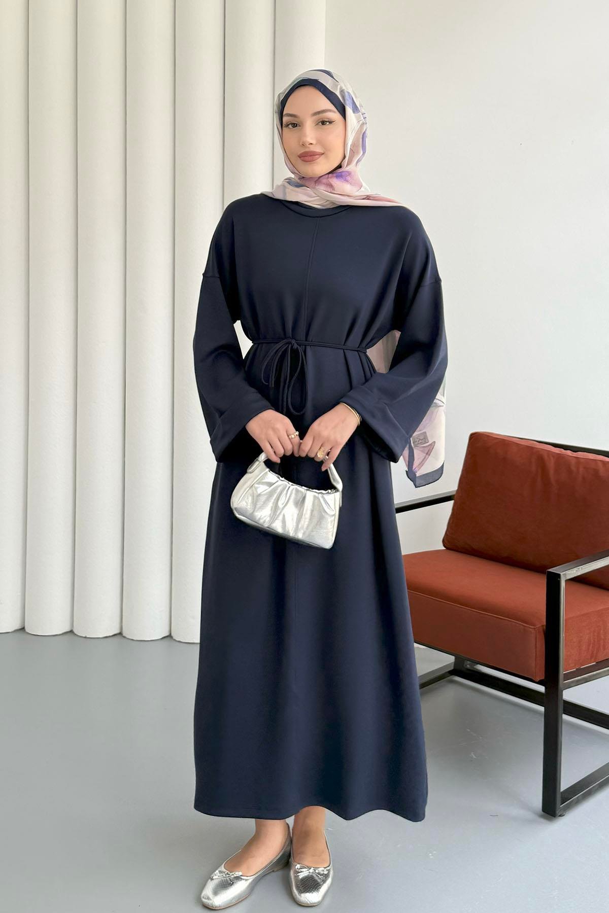 Oysho Kumaş Biye Kemerli Tesettür Elbise-LACİVERT