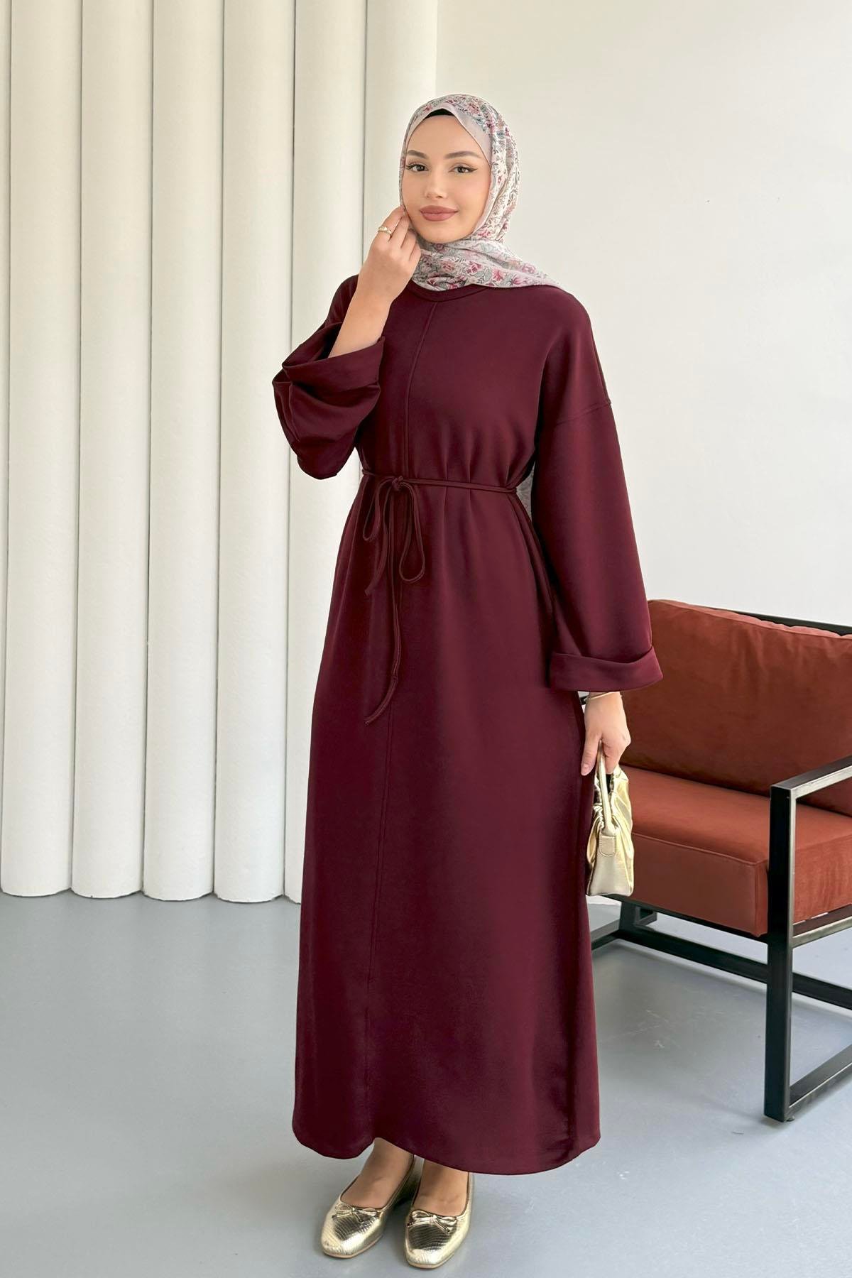 Oysho Kumaş Biye Kemerli Tesettür Elbise-BORDO