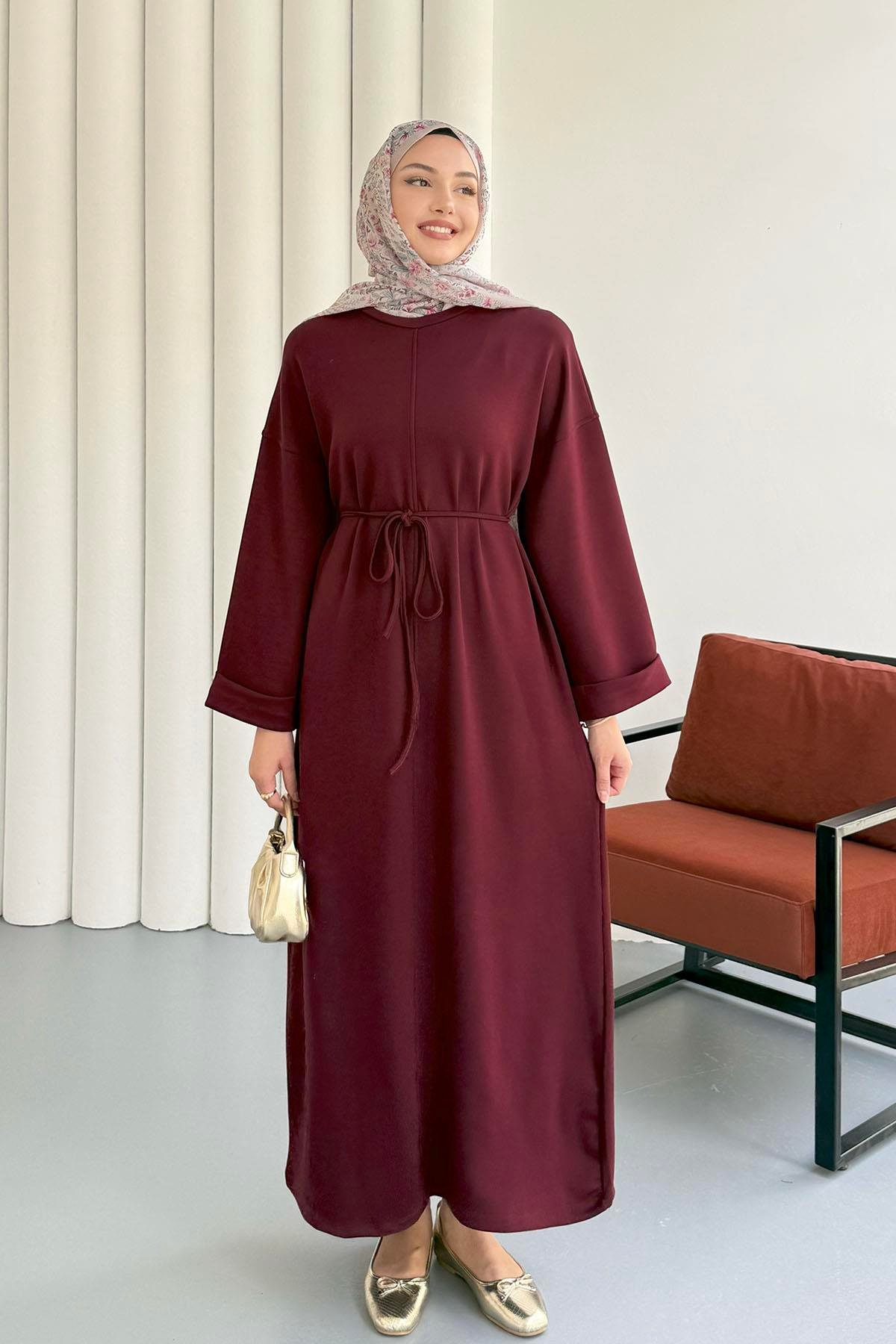 Oysho Kumaş Biye Kemerli Tesettür Elbise-BORDO