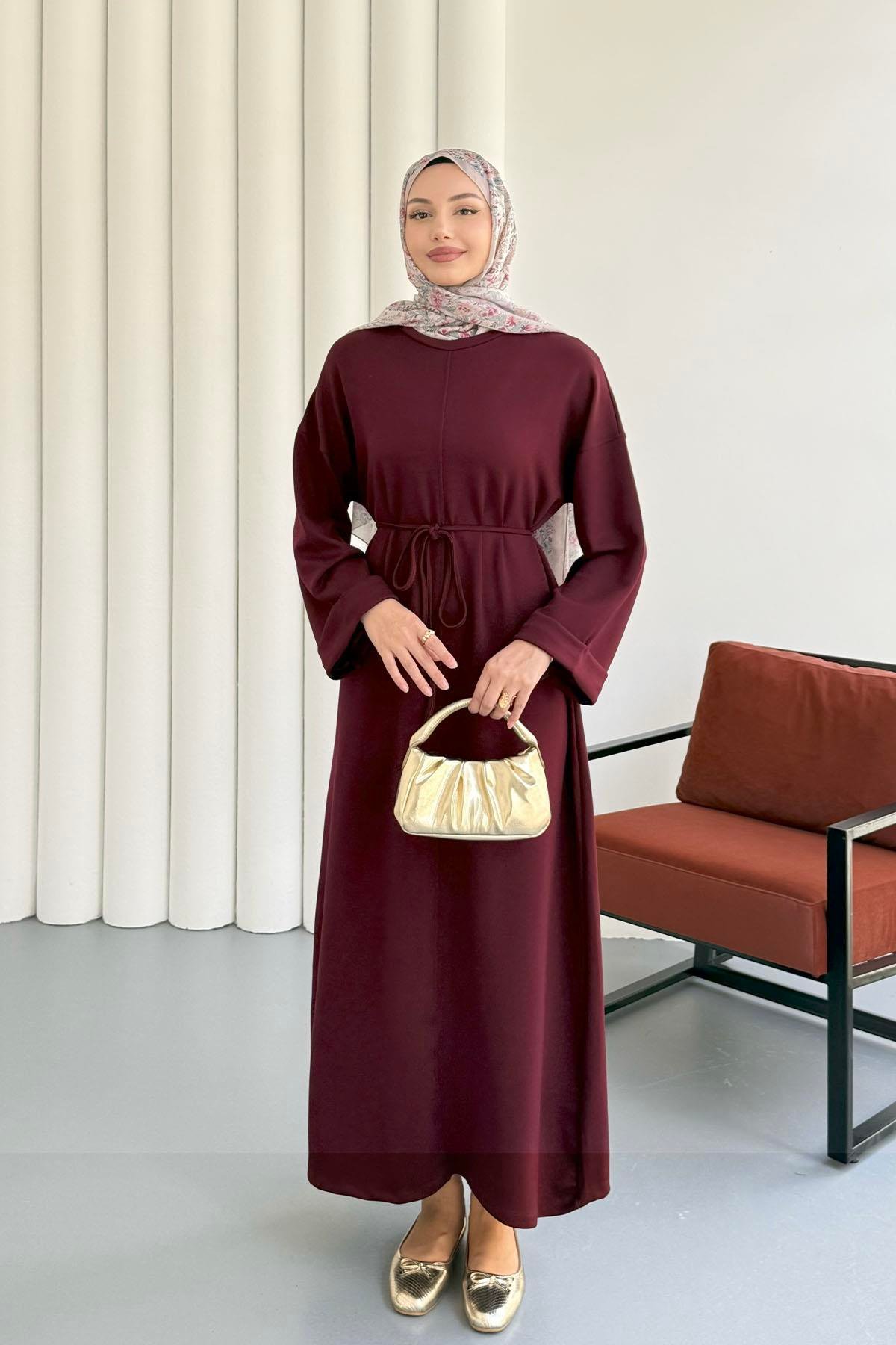 Oysho Kumaş Biye Kemerli Tesettür Elbise-BORDO
