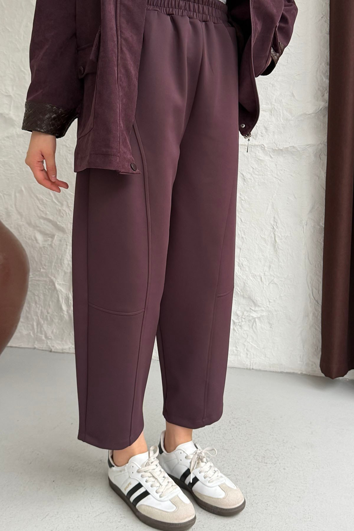 Oysho Kumaş Dikiş Detaylı Beli Lastikli Cepli Pantolon-BORDO