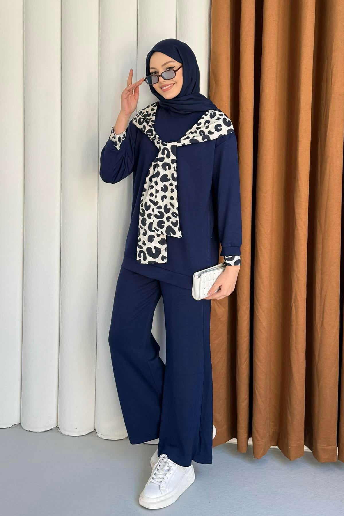 Oysho Kumaş Leopar Desenli Pantolonlu Tesettür Takım-LACİVERT