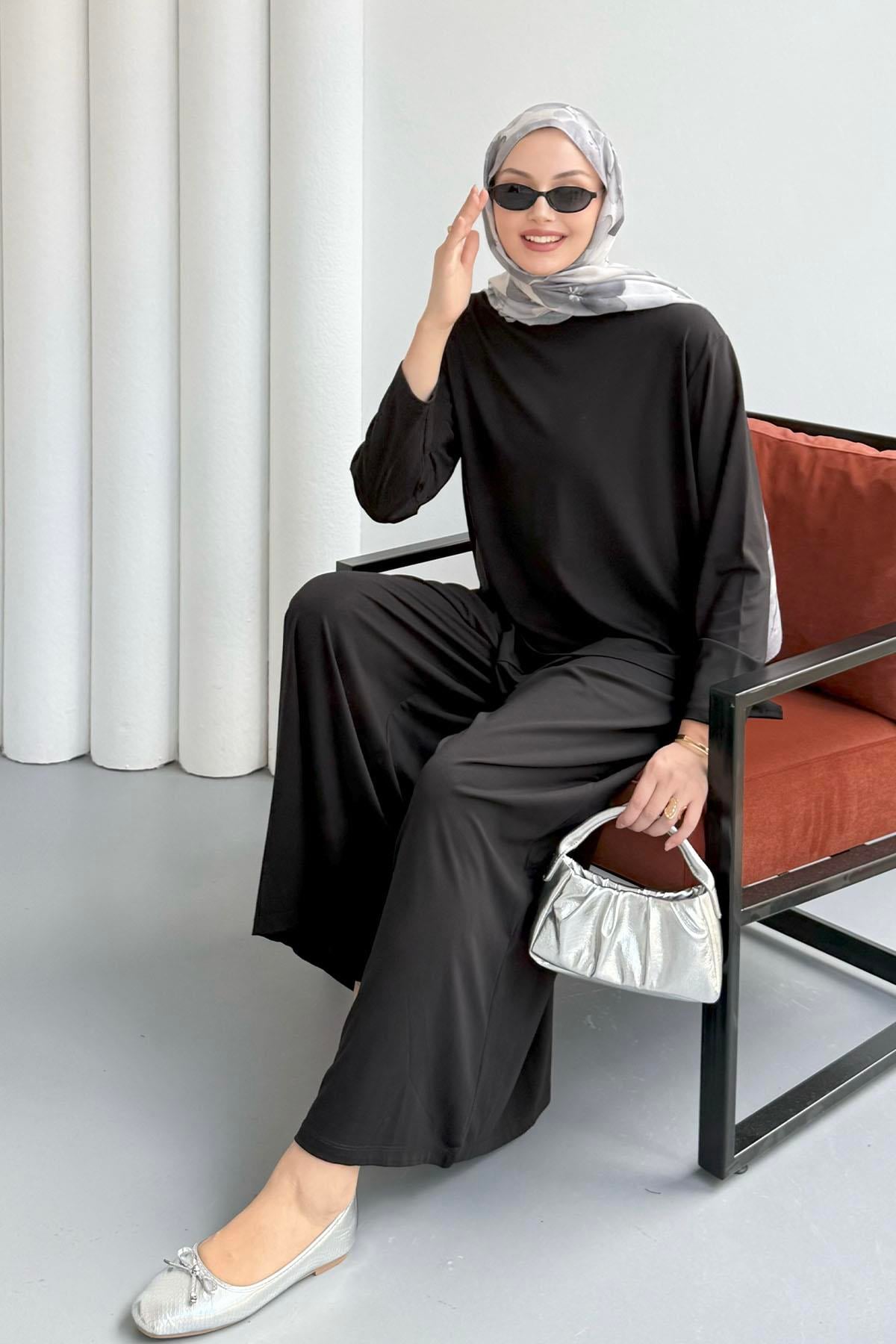 Oysho Süprem Kumaş Pantolonlu Tesettür Takım-SİYAH