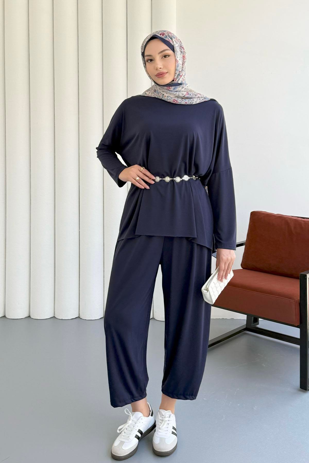 Oysho Süprem Kumaş Yandan Yırtmaçlı Tesettür Takım-LACİVERT