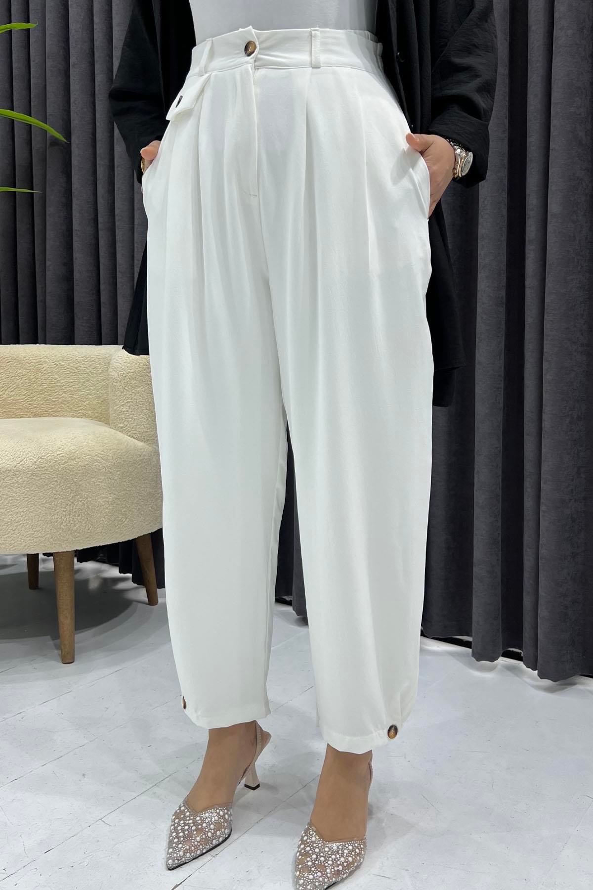 Paça Düğmeli Slouchy Pantolon-BEYAZ