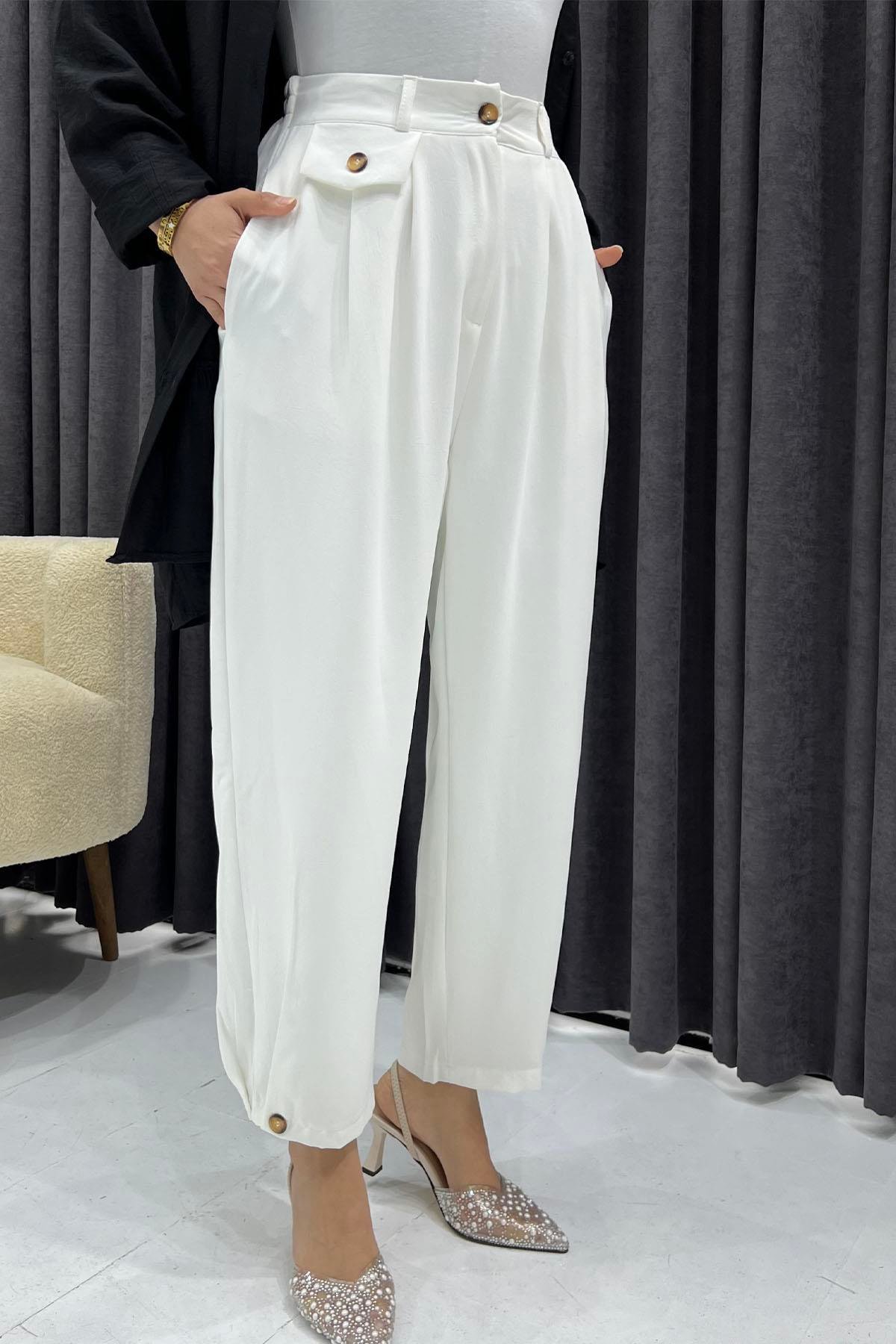 Paça Düğmeli Slouchy Pantolon-BEYAZ