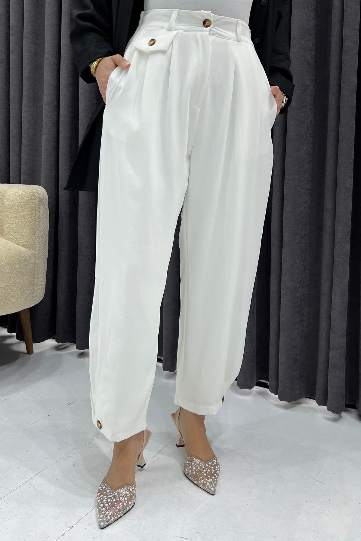 Paça Düğmeli Slouchy Pantolon-BEYAZ