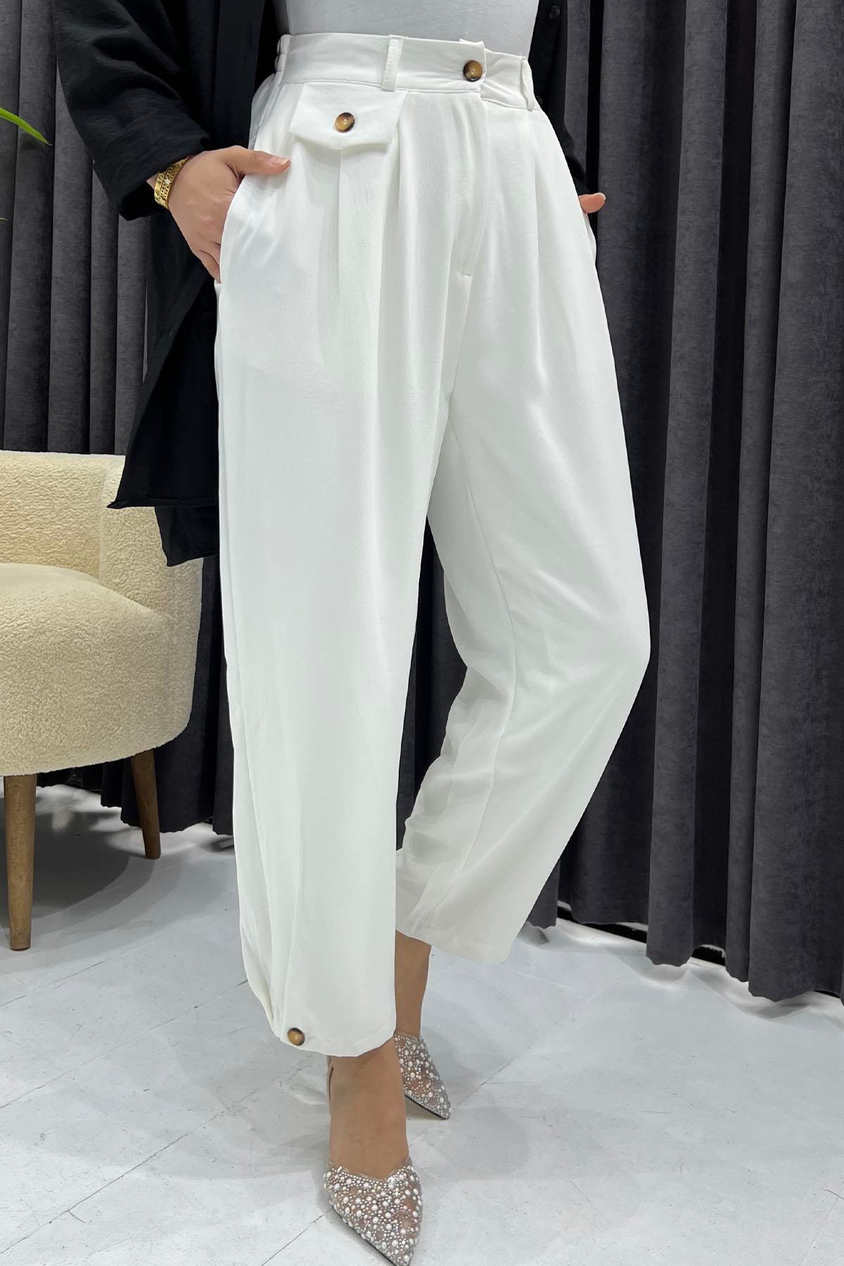 Paça Düğmeli Slouchy Pantolon-BEYAZ