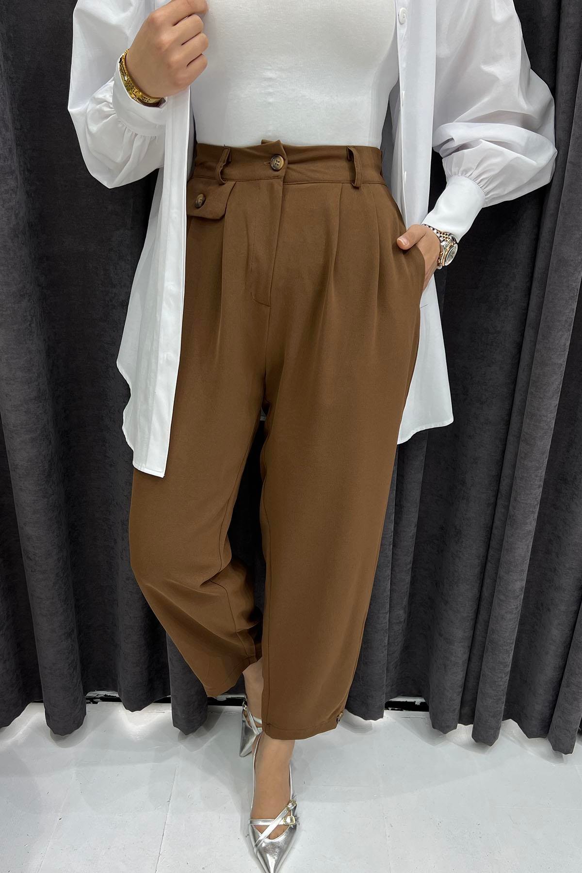 Paça Düğmeli Slouchy Pantolon-KAHVERENGİ