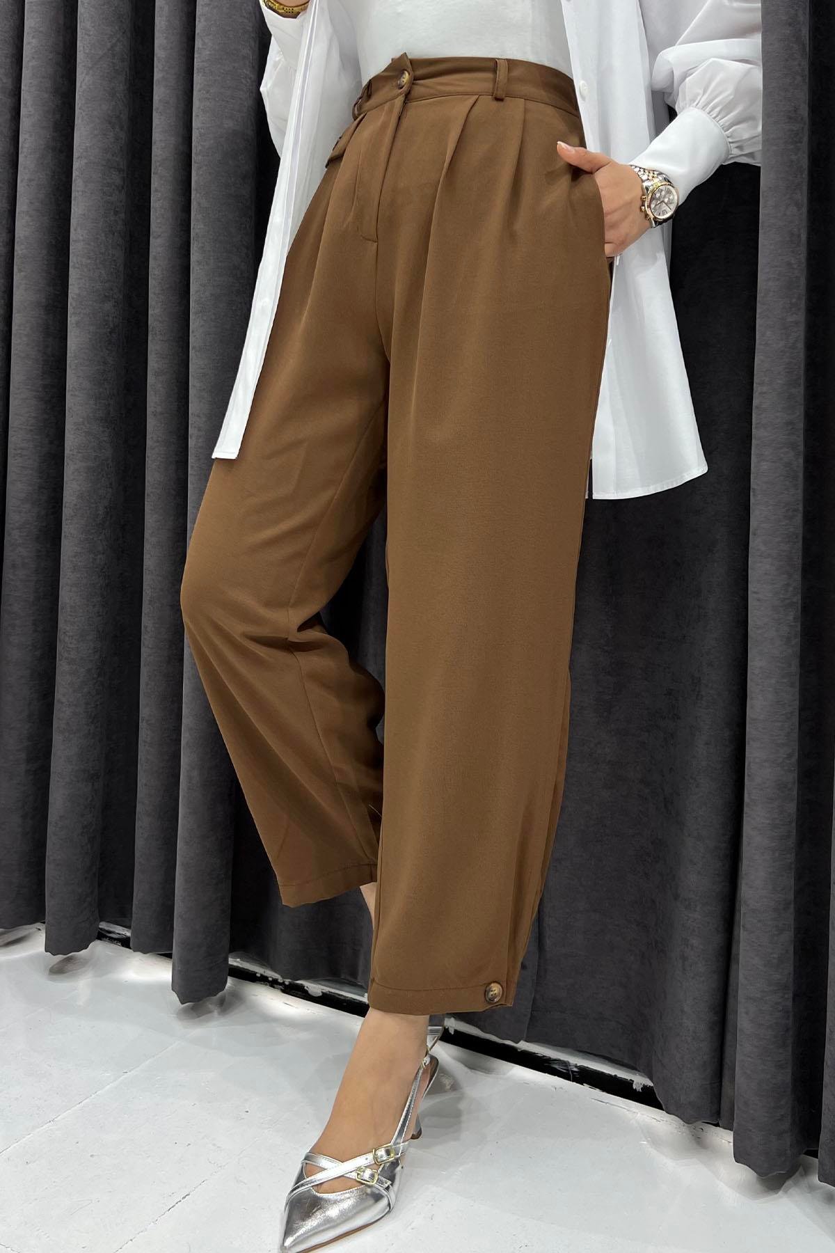 Paça Düğmeli Slouchy Pantolon-KAHVERENGİ