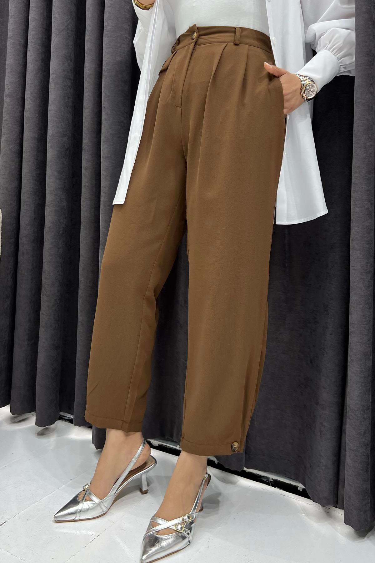 Paça Düğmeli Slouchy Pantolon-KAHVERENGİ