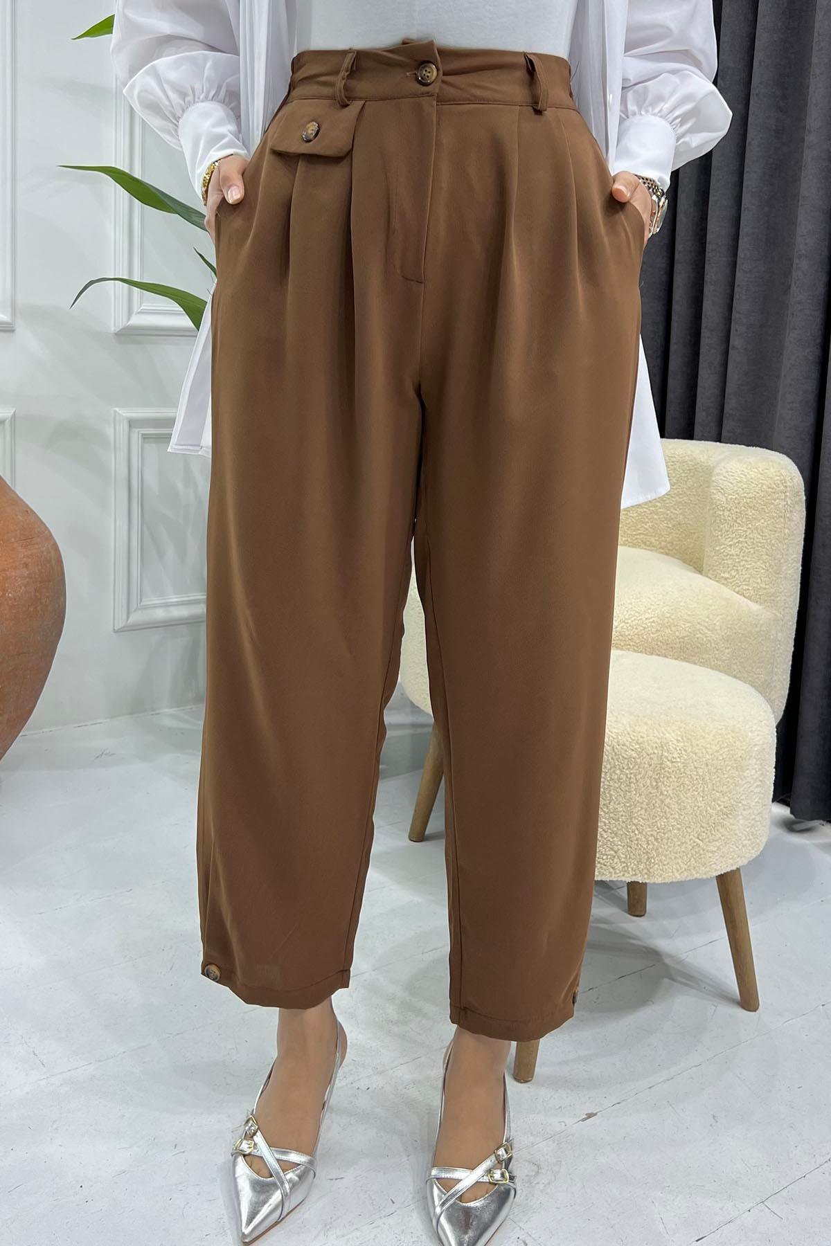 Paça Düğmeli Slouchy Pantolon-KAHVERENGİ
